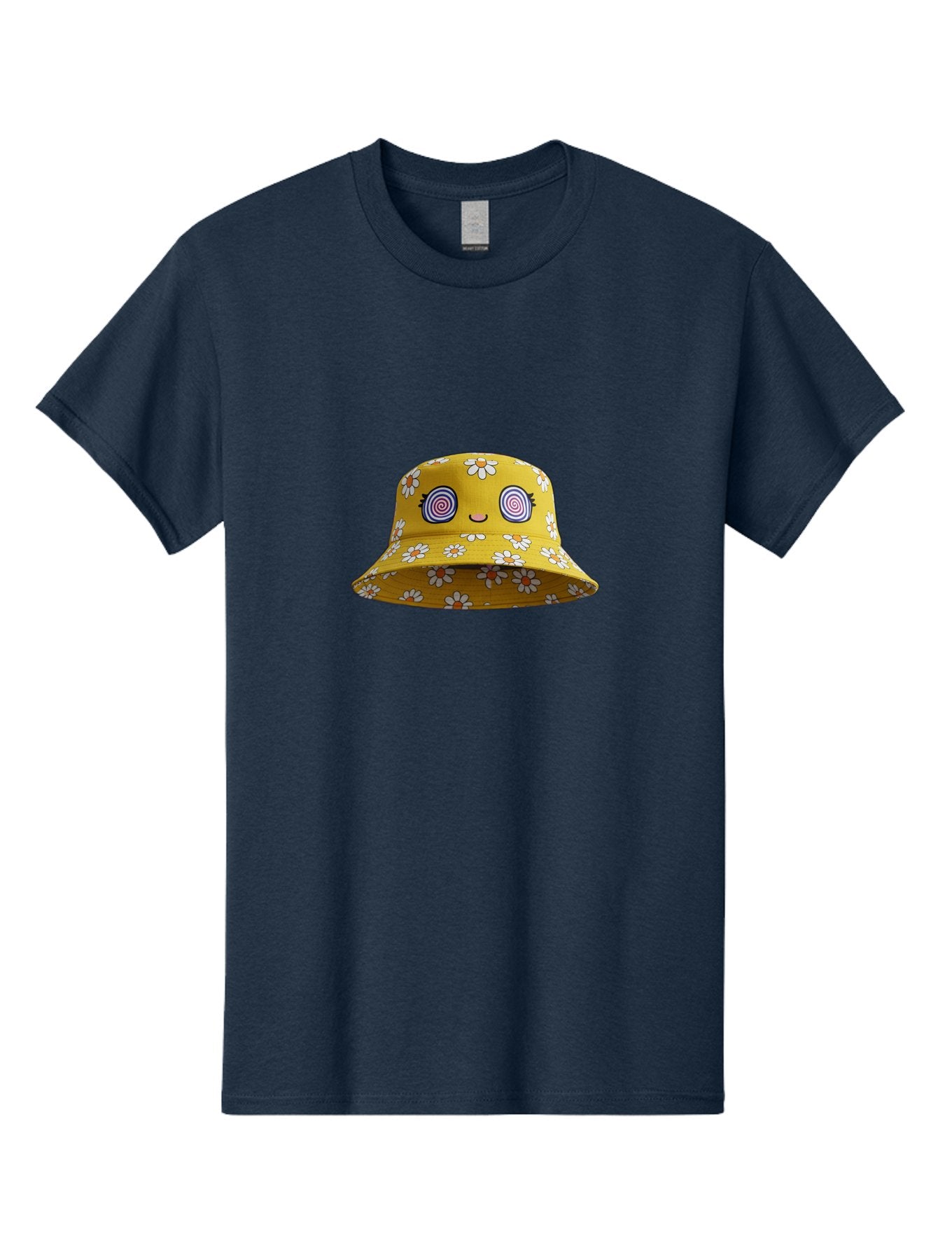 Yellow-Floral-Bucket-Hat Men'S Graphic Tee, 100% Cotton, Comfortable Casual Summer Wear, Machine Washable, Yellow Bucket Hat, Floral Pattern, Cartoon Face, Spiral Eyes, Smiling Mouth, Feminine Lashes, Fashion Accessory, Summer Hat, Beachwear, Bad939 11