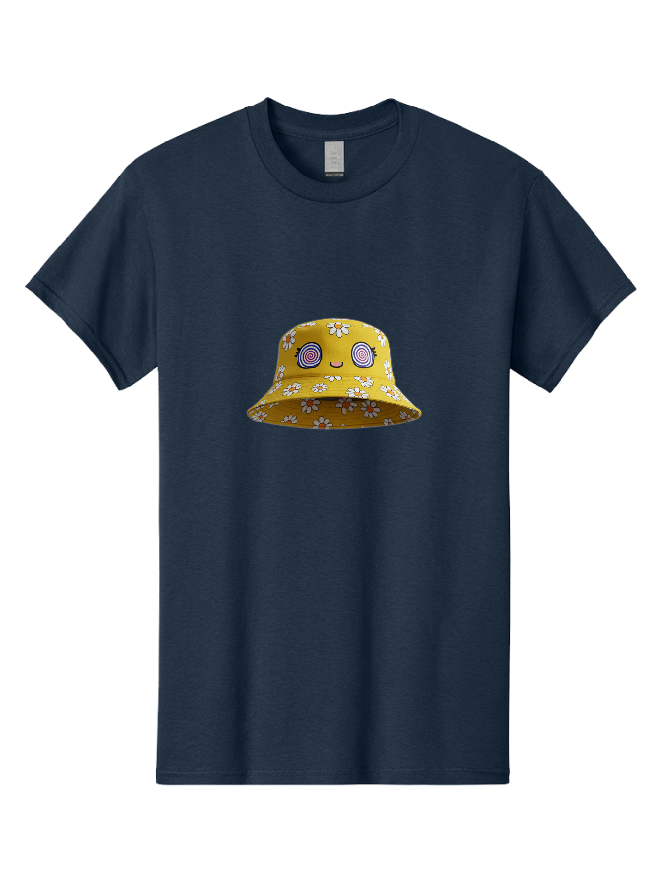 Yellow-Floral-Bucket-Hat Men'S Graphic Tee, 100% Cotton, Comfortable Casual Summer Wear, Machine Washable, Yellow Bucket Hat, Floral Pattern, Cartoon Face, Spiral Eyes, Smiling Mouth, Feminine Lashes, Fashion Accessory, Summer Hat, Beachwear, Bad939 4