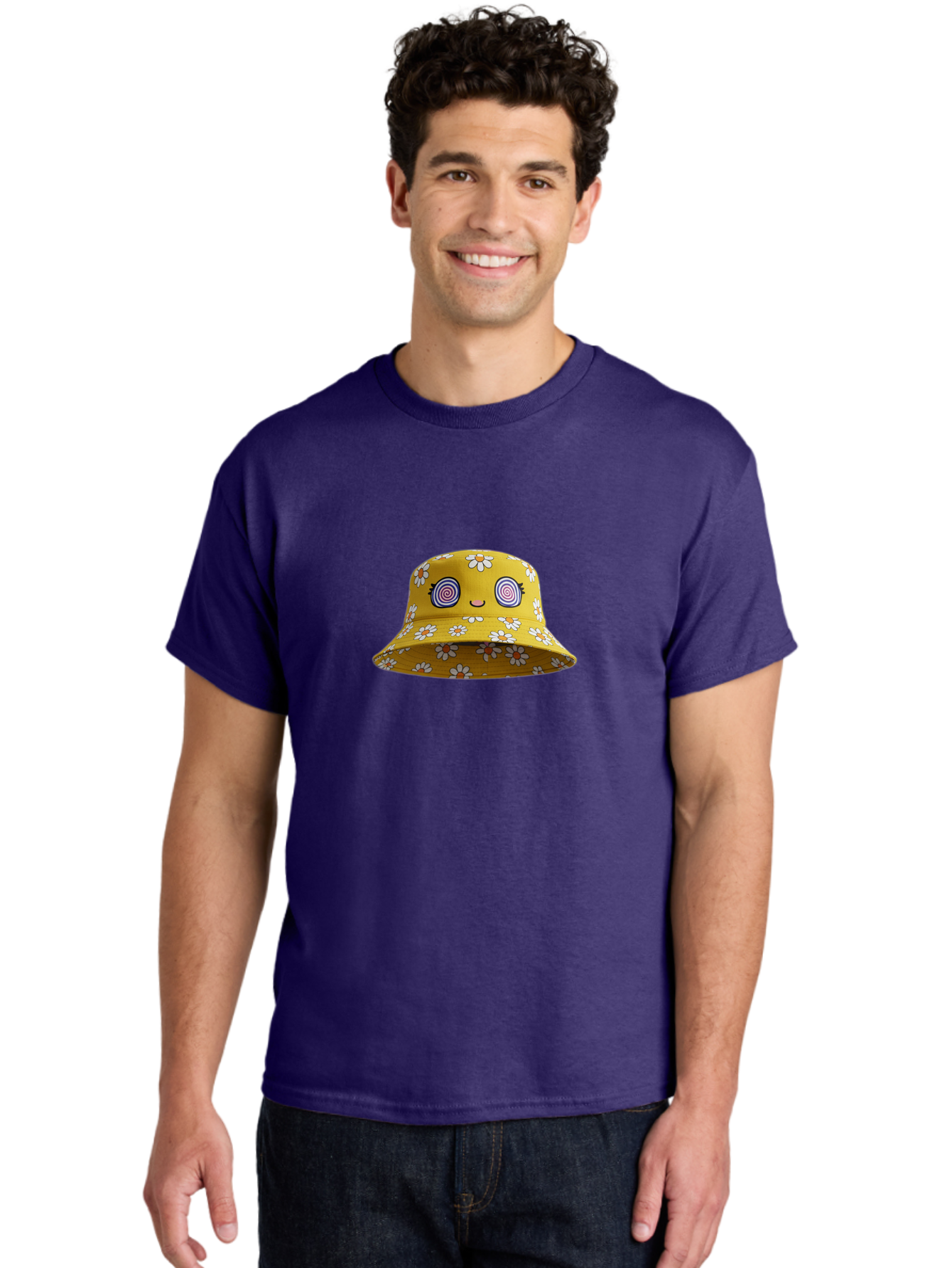 Yellow-Floral-Bucket-Hat Men'S Graphic Tee, 100% Cotton, Comfortable Casual Summer Wear, Machine Washable, Yellow Bucket Hat, Floral Pattern, Cartoon Face, Spiral Eyes, Smiling Mouth, Feminine Lashes, Fashion Accessory, Summer Hat, Beachwear, Bad939 28