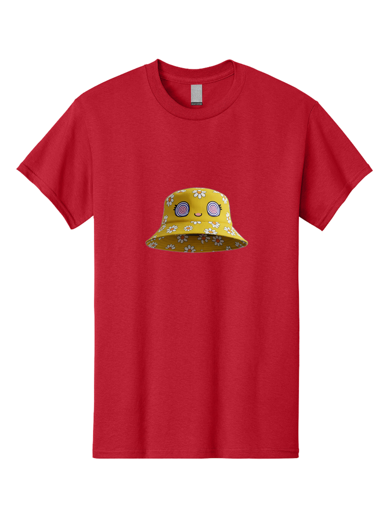 Yellow-Floral-Bucket-Hat Men'S Graphic Tee, 100% Cotton, Comfortable Casual Summer Wear, Machine Washable, Yellow Bucket Hat, Floral Pattern, Cartoon Face, Spiral Eyes, Smiling Mouth, Feminine Lashes, Fashion Accessory, Summer Hat, Beachwear, Bad939 15
