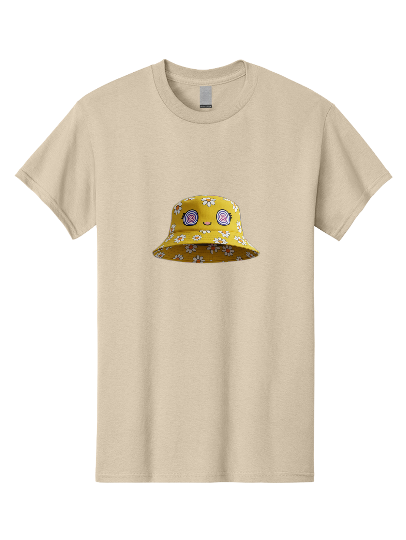 Yellow-Floral-Bucket-Hat Men'S Graphic Tee, 100% Cotton, Comfortable Casual Summer Wear, Machine Washable, Yellow Bucket Hat, Floral Pattern, Cartoon Face, Spiral Eyes, Smiling Mouth, Feminine Lashes, Fashion Accessory, Summer Hat, Beachwear, Bad939 10