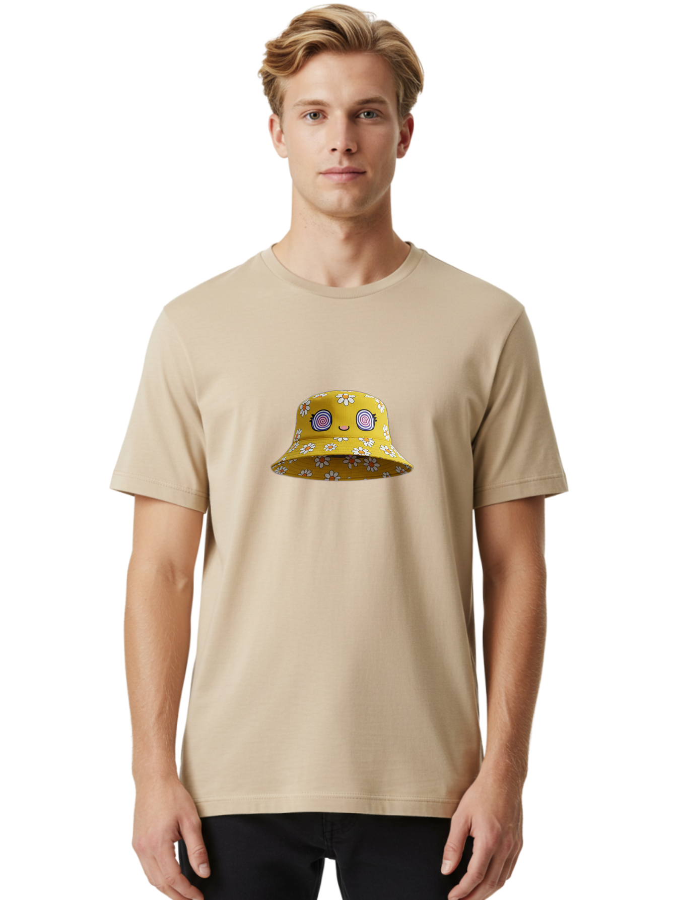 Yellow-Floral-Bucket-Hat Men'S Graphic Tee, 100% Cotton, Comfortable Casual Summer Wear, Machine Washable, Yellow Bucket Hat, Floral Pattern, Cartoon Face, Spiral Eyes, Smiling Mouth, Feminine Lashes, Fashion Accessory, Summer Hat, Beachwear, Bad939 25
