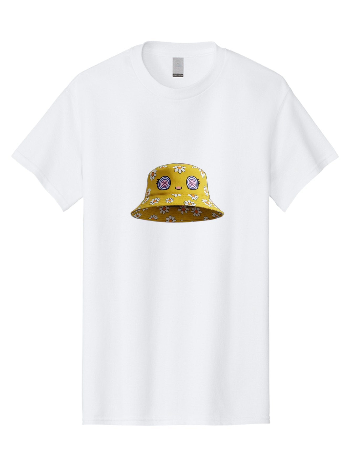 Yellow-Floral-Bucket-Hat Men'S Graphic Tee, 100% Cotton, Comfortable Casual Summer Wear, Machine Washable, Yellow Bucket Hat, Floral Pattern, Cartoon Face, Spiral Eyes, Smiling Mouth, Feminine Lashes, Fashion Accessory, Summer Hat, Beachwear, Bad939 15