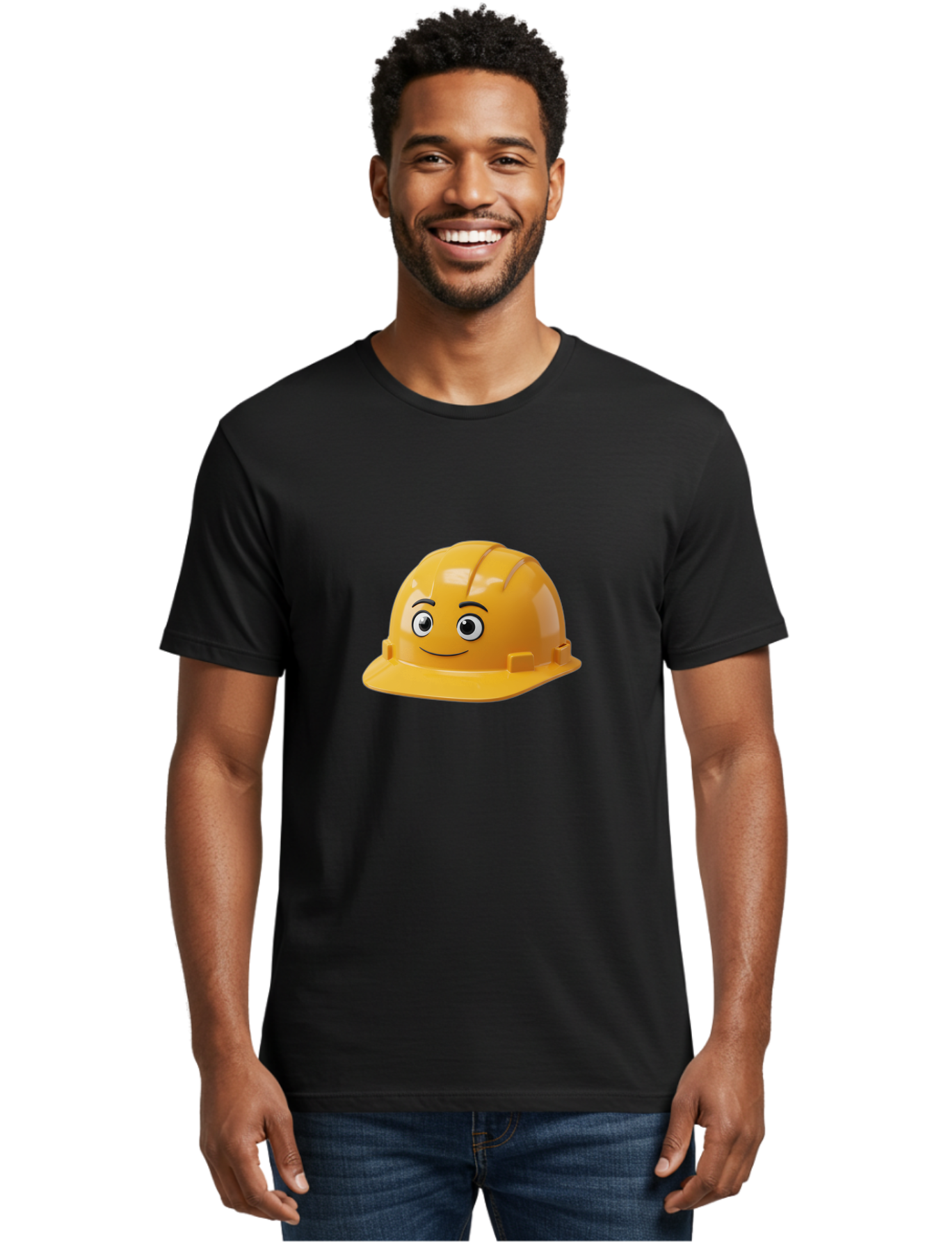 Yellow-Hard-Hat-1 Men'S Graphic Tee, 100% Cotton, Comfortable Casual Summer Wear, Machine Washable, Construction Hard Hat, Safety Helmet, Cartoon Character, Smiling Face, Yellow Plastic, Construction Worker, Protective Gear, Industrial Safety Bad940 18