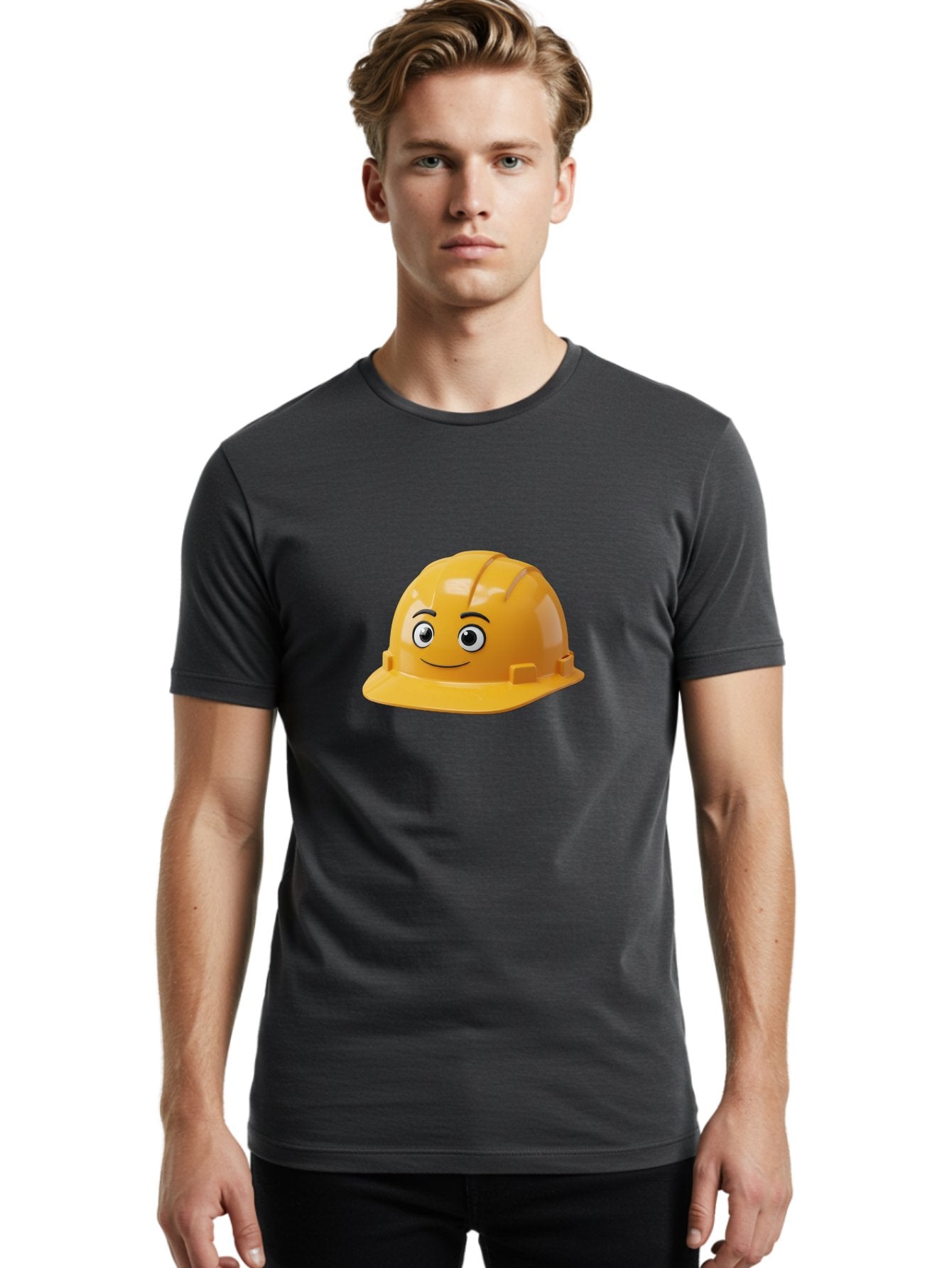 Yellow-Hard-Hat-1 Men'S Graphic Tee, 100% Cotton, Comfortable Casual Summer Wear, Machine Washable, Construction Hard Hat, Safety Helmet, Cartoon Character, Smiling Face, Yellow Plastic, Construction Worker, Protective Gear, Industrial Safety Bad940 27