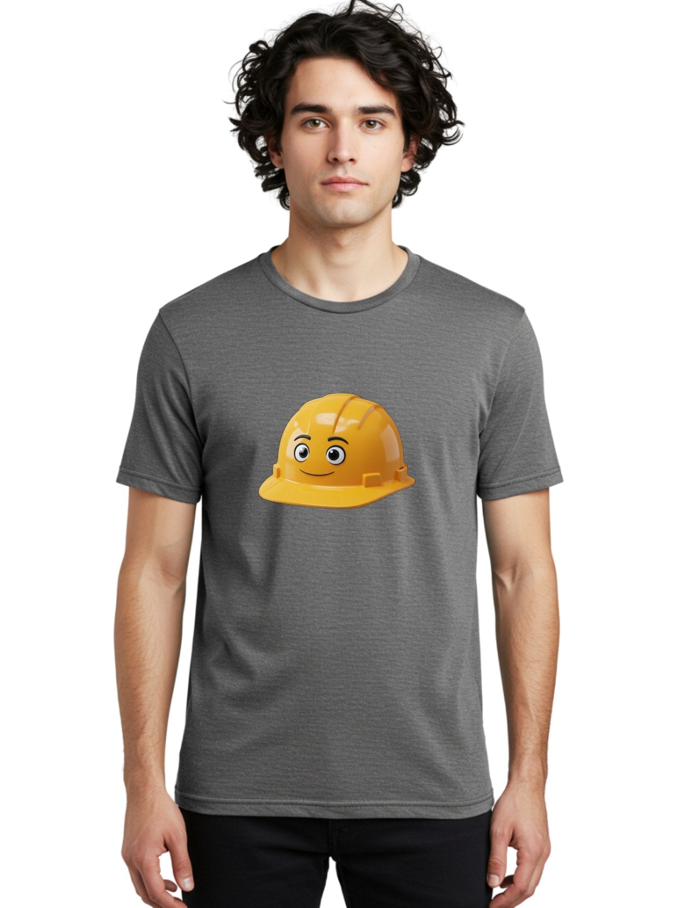 Yellow-Hard-Hat-1 Men'S Graphic Tee, 100% Cotton, Comfortable Casual Summer Wear, Machine Washable, Construction Hard Hat, Safety Helmet, Cartoon Character, Smiling Face, Yellow Plastic, Construction Worker, Protective Gear, Industrial Safety Bad940 30
