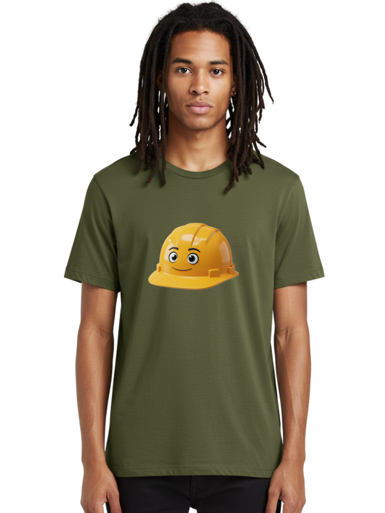 Yellow-Hard-Hat-1 Men'S Graphic Tee, 100% Cotton, Comfortable Casual Summer Wear, Machine Washable, Construction Hard Hat, Safety Helmet, Cartoon Character, Smiling Face, Yellow Plastic, Construction Worker, Protective Gear, Industrial Safety Bad940 20