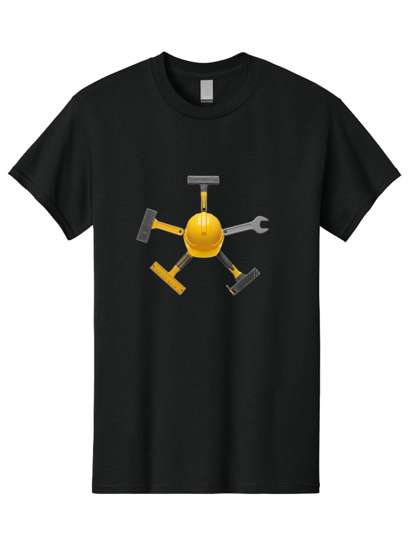 Yellow-Hard-Hat-2 Men'S Graphic Tee, 100% Cotton, Comfortable Casual Summer Wear, Machine Washable, Yellow Hard Hat, Construction Tools Arrangement, Creative Display, Construction Equipment, Squeegee, Putty Knife, Level, Adjustable Wrench, Bad941 12