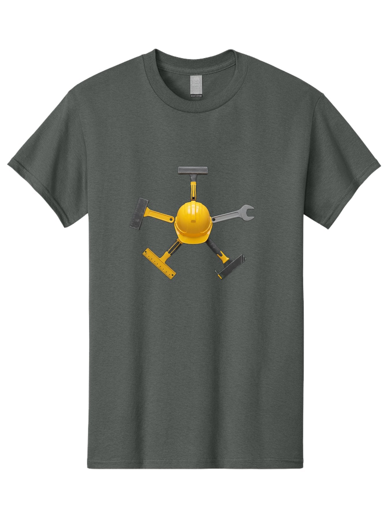 Yellow-Hard-Hat-2 Men'S Graphic Tee, 100% Cotton, Comfortable Casual Summer Wear, Machine Washable, Yellow Hard Hat, Construction Tools Arrangement, Creative Display, Construction Equipment, Squeegee, Putty Knife, Level, Adjustable Wrench, Bad941 3