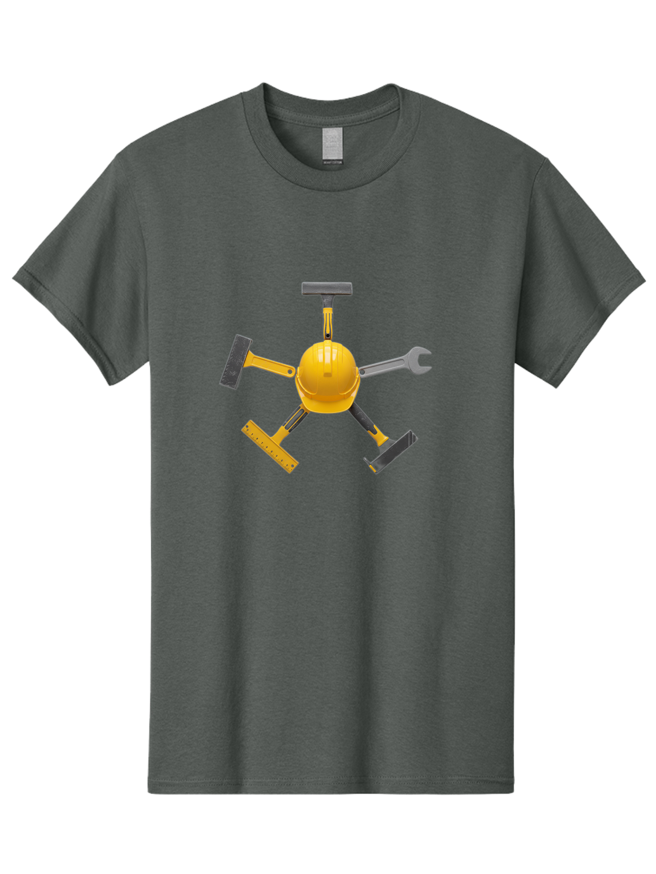 Yellow-Hard-Hat-2 Men'S Graphic Tee, 100% Cotton, Comfortable Casual Summer Wear, Machine Washable, Yellow Hard Hat, Construction Tools Arrangement, Creative Display, Construction Equipment, Squeegee, Putty Knife, Level, Adjustable Wrench, Bad941 9
