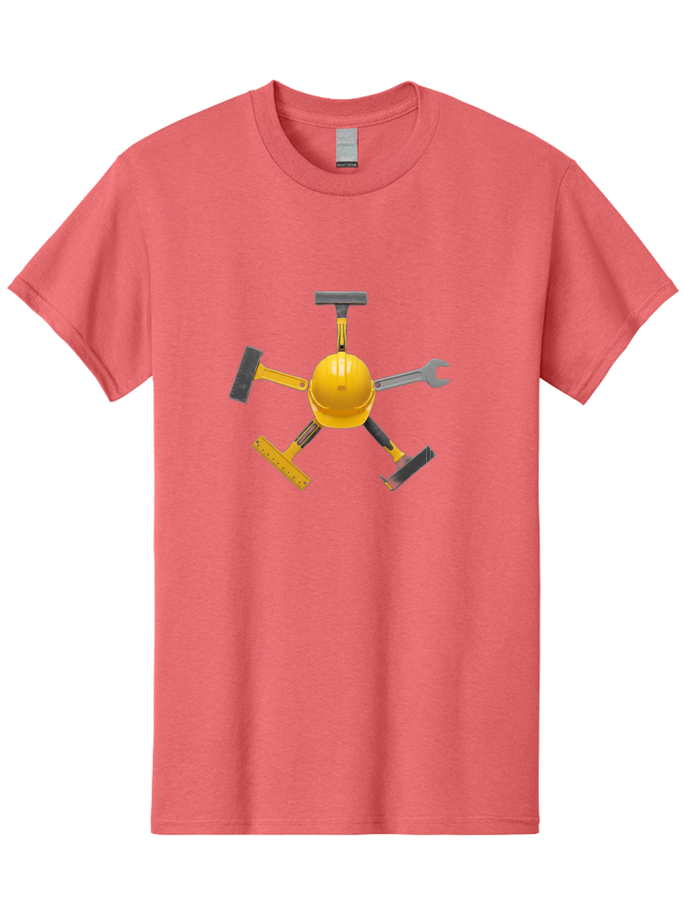 Yellow-Hard-Hat-2 Men'S Graphic Tee, 100% Cotton, Comfortable Casual Summer Wear, Machine Washable, Yellow Hard Hat, Construction Tools Arrangement, Creative Display, Construction Equipment, Squeegee, Putty Knife, Level, Adjustable Wrench, Bad941 15