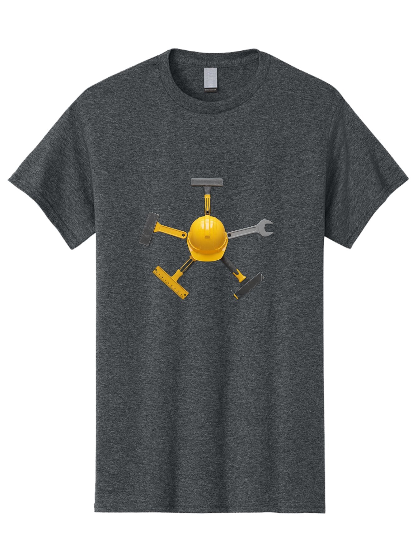 Yellow-Hard-Hat-2 Men'S Graphic Tee, 100% Cotton, Comfortable Casual Summer Wear, Machine Washable, Yellow Hard Hat, Construction Tools Arrangement, Creative Display, Construction Equipment, Squeegee, Putty Knife, Level, Adjustable Wrench, Bad941 8