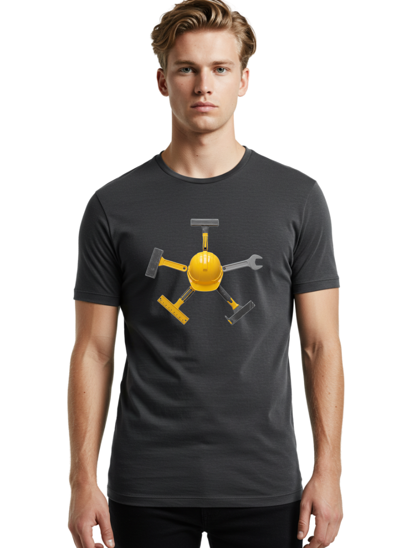 Yellow-Hard-Hat-2 Men'S Graphic Tee, 100% Cotton, Comfortable Casual Summer Wear, Machine Washable, Yellow Hard Hat, Construction Tools Arrangement, Creative Display, Construction Equipment, Squeegee, Putty Knife, Level, Adjustable Wrench, Bad941 21