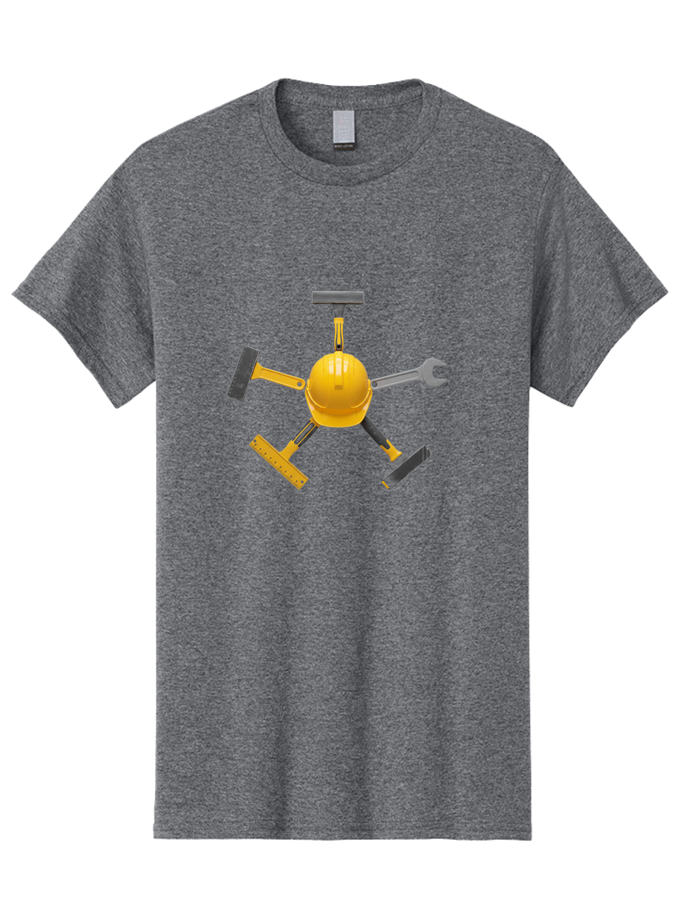 Yellow-Hard-Hat-2 Men'S Graphic Tee, 100% Cotton, Comfortable Casual Summer Wear, Machine Washable, Yellow Hard Hat, Construction Tools Arrangement, Creative Display, Construction Equipment, Squeegee, Putty Knife, Level, Adjustable Wrench, Bad941 5