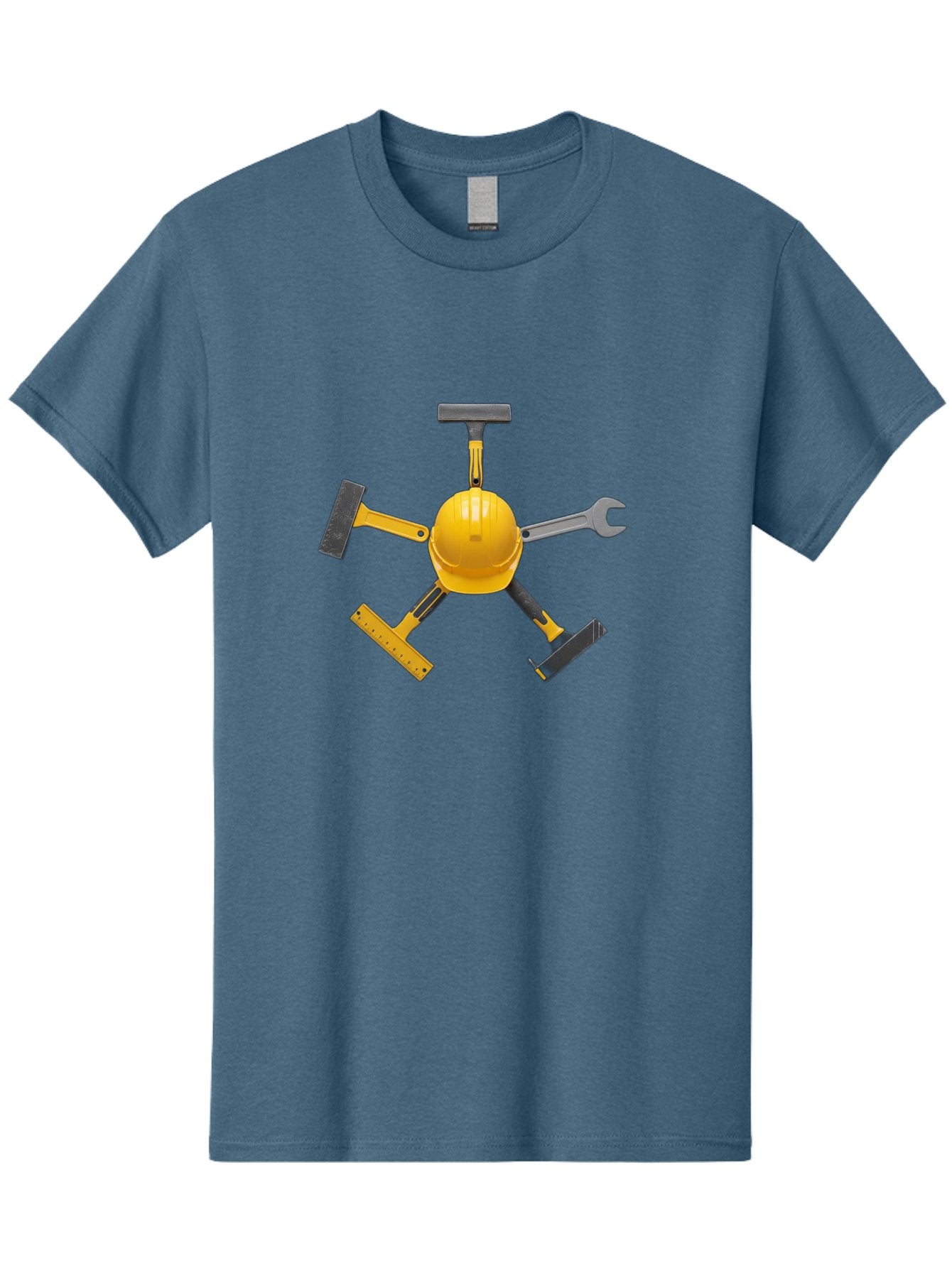 Yellow-Hard-Hat-2 Men'S Graphic Tee, 100% Cotton, Comfortable Casual Summer Wear, Machine Washable, Yellow Hard Hat, Construction Tools Arrangement, Creative Display, Construction Equipment, Squeegee, Putty Knife, Level, Adjustable Wrench, Bad941 5