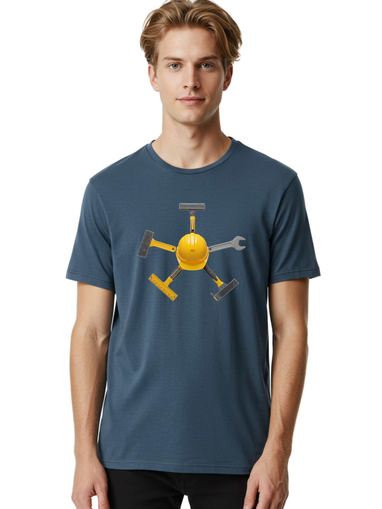 Yellow-Hard-Hat-2 Men'S Graphic Tee, 100% Cotton, Comfortable Casual Summer Wear, Machine Washable, Yellow Hard Hat, Construction Tools Arrangement, Creative Display, Construction Equipment, Squeegee, Putty Knife, Level, Adjustable Wrench, Bad941 23
