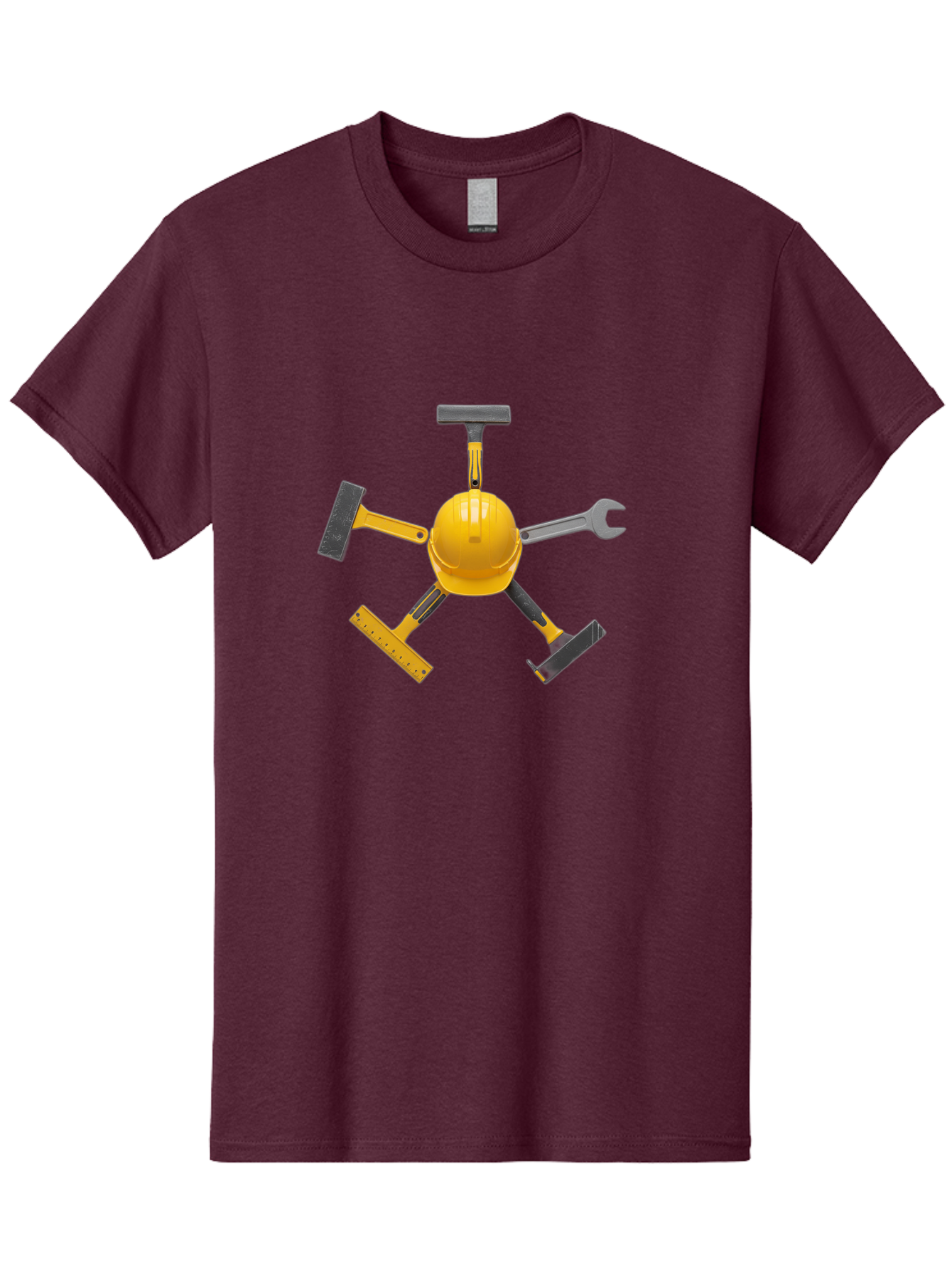 Yellow-Hard-Hat-2 Men'S Graphic Tee, 100% Cotton, Comfortable Casual Summer Wear, Machine Washable, Yellow Hard Hat, Construction Tools Arrangement, Creative Display, Construction Equipment, Squeegee, Putty Knife, Level, Adjustable Wrench, Bad941