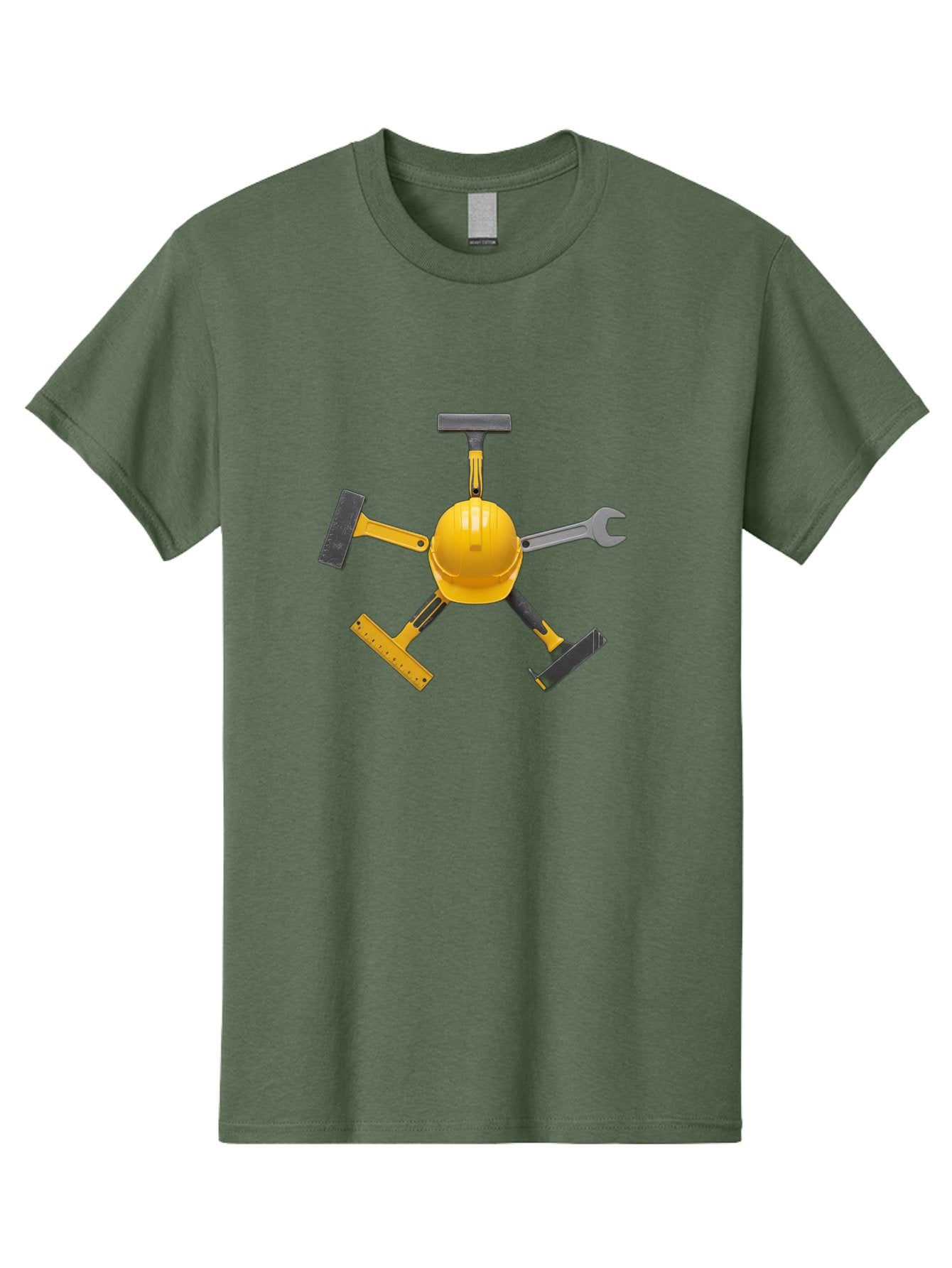 Yellow-Hard-Hat-2 Men'S Graphic Tee, 100% Cotton, Comfortable Casual Summer Wear, Machine Washable, Yellow Hard Hat, Construction Tools Arrangement, Creative Display, Construction Equipment, Squeegee, Putty Knife, Level, Adjustable Wrench, Bad941 12