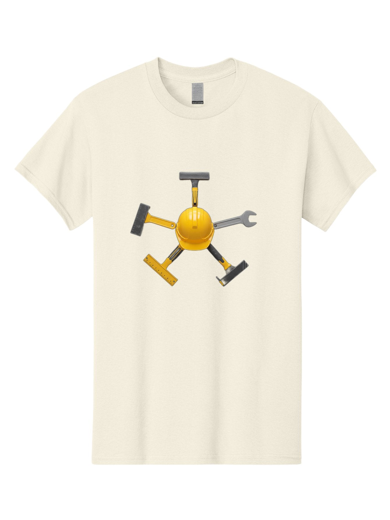 Yellow-Hard-Hat-2 Men'S Graphic Tee, 100% Cotton, Comfortable Casual Summer Wear, Machine Washable, Yellow Hard Hat, Construction Tools Arrangement, Creative Display, Construction Equipment, Squeegee, Putty Knife, Level, Adjustable Wrench, Bad941 14