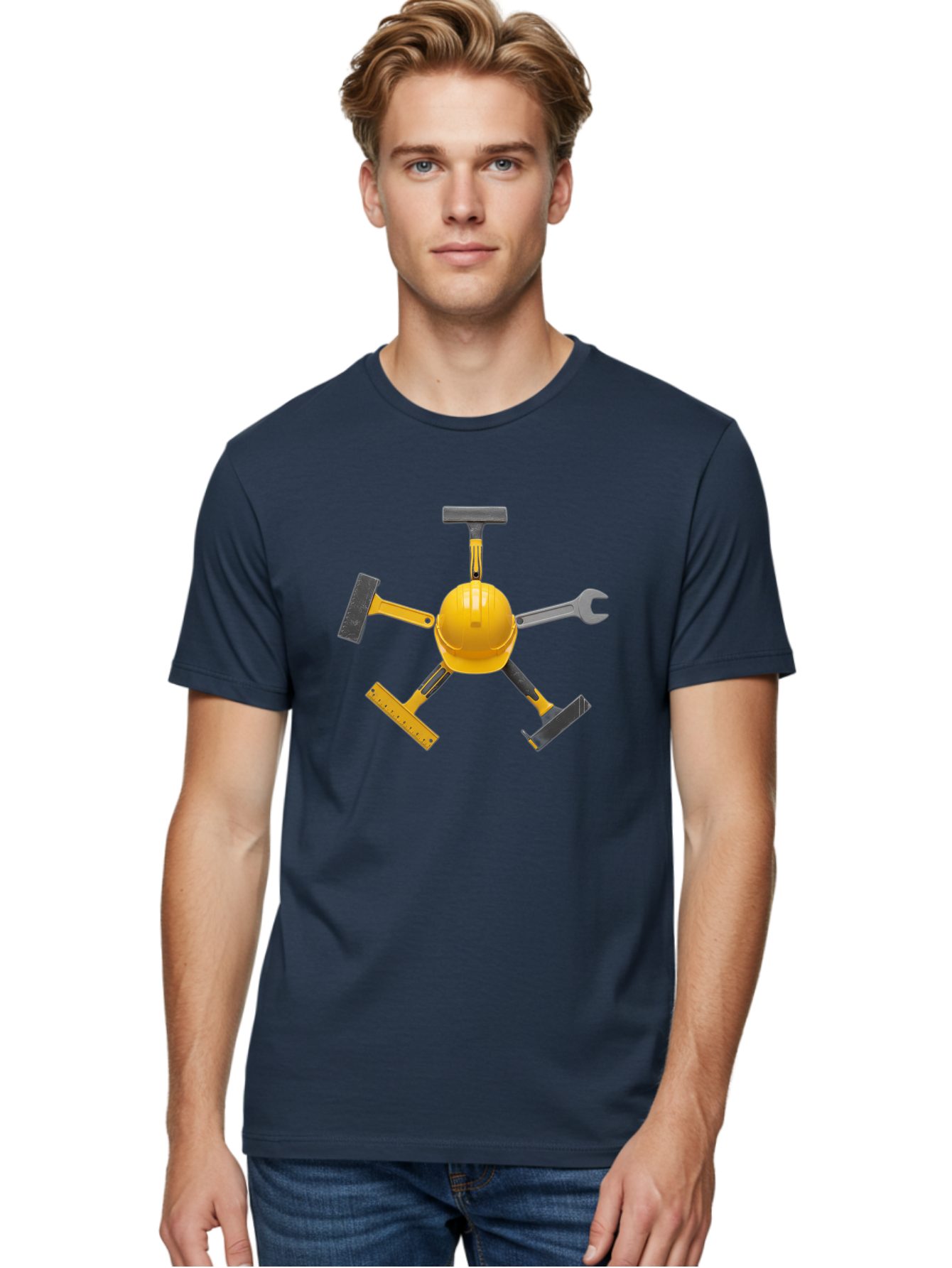 Yellow-Hard-Hat-2 Men'S Graphic Tee, 100% Cotton, Comfortable Casual Summer Wear, Machine Washable, Yellow Hard Hat, Construction Tools Arrangement, Creative Display, Construction Equipment, Squeegee, Putty Knife, Level, Adjustable Wrench, Bad941 29