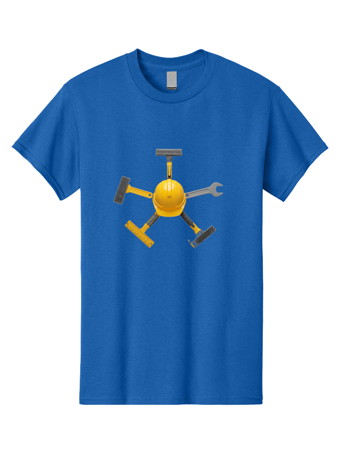Yellow-Hard-Hat-2 Men'S Graphic Tee, 100% Cotton, Comfortable Casual Summer Wear, Machine Washable, Yellow Hard Hat, Construction Tools Arrangement, Creative Display, Construction Equipment, Squeegee, Putty Knife, Level, Adjustable Wrench, Bad941 4