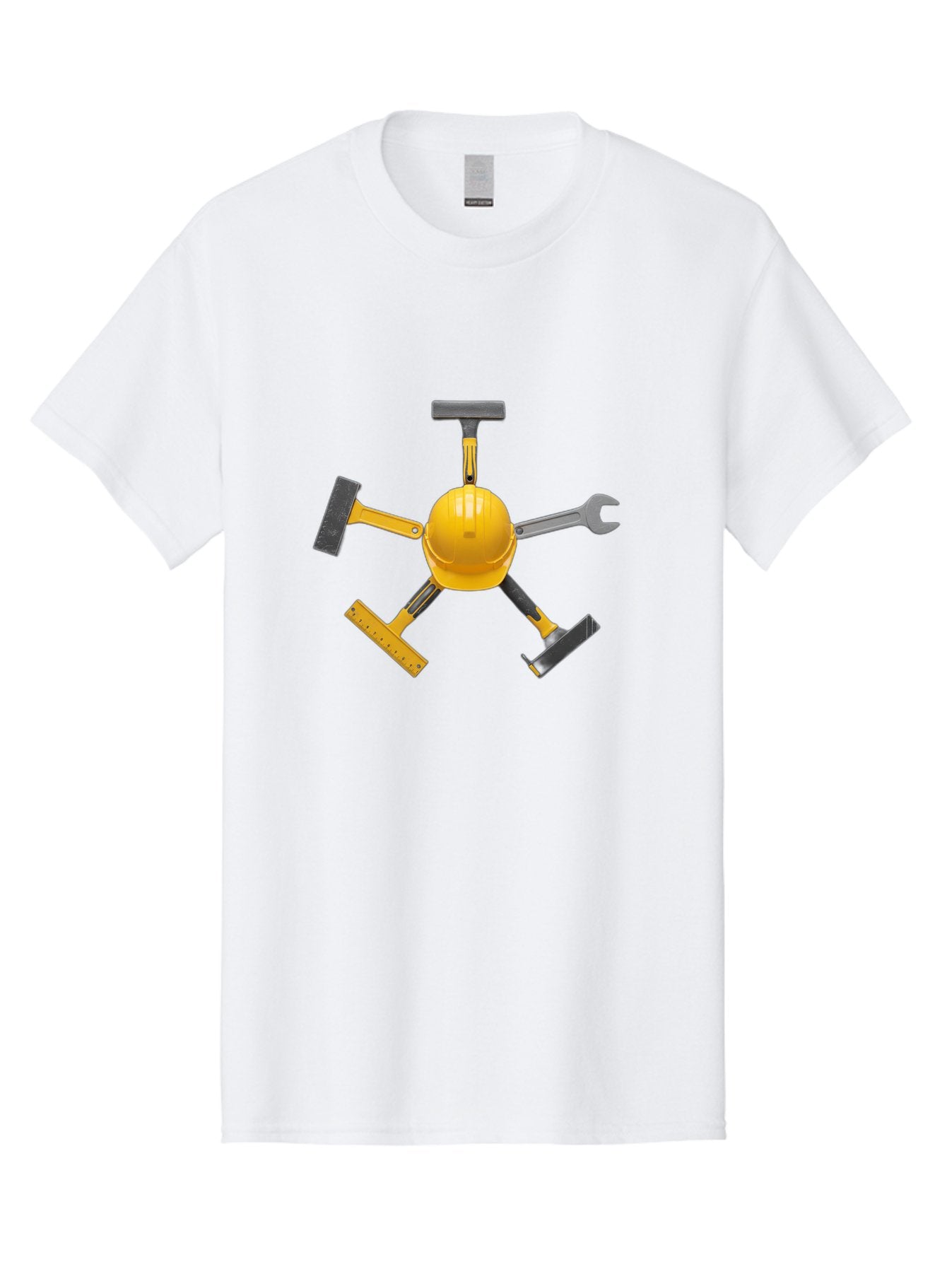 Yellow-Hard-Hat-2 Men'S Graphic Tee, 100% Cotton, Comfortable Casual Summer Wear, Machine Washable, Yellow Hard Hat, Construction Tools Arrangement, Creative Display, Construction Equipment, Squeegee, Putty Knife, Level, Adjustable Wrench, Bad941 7