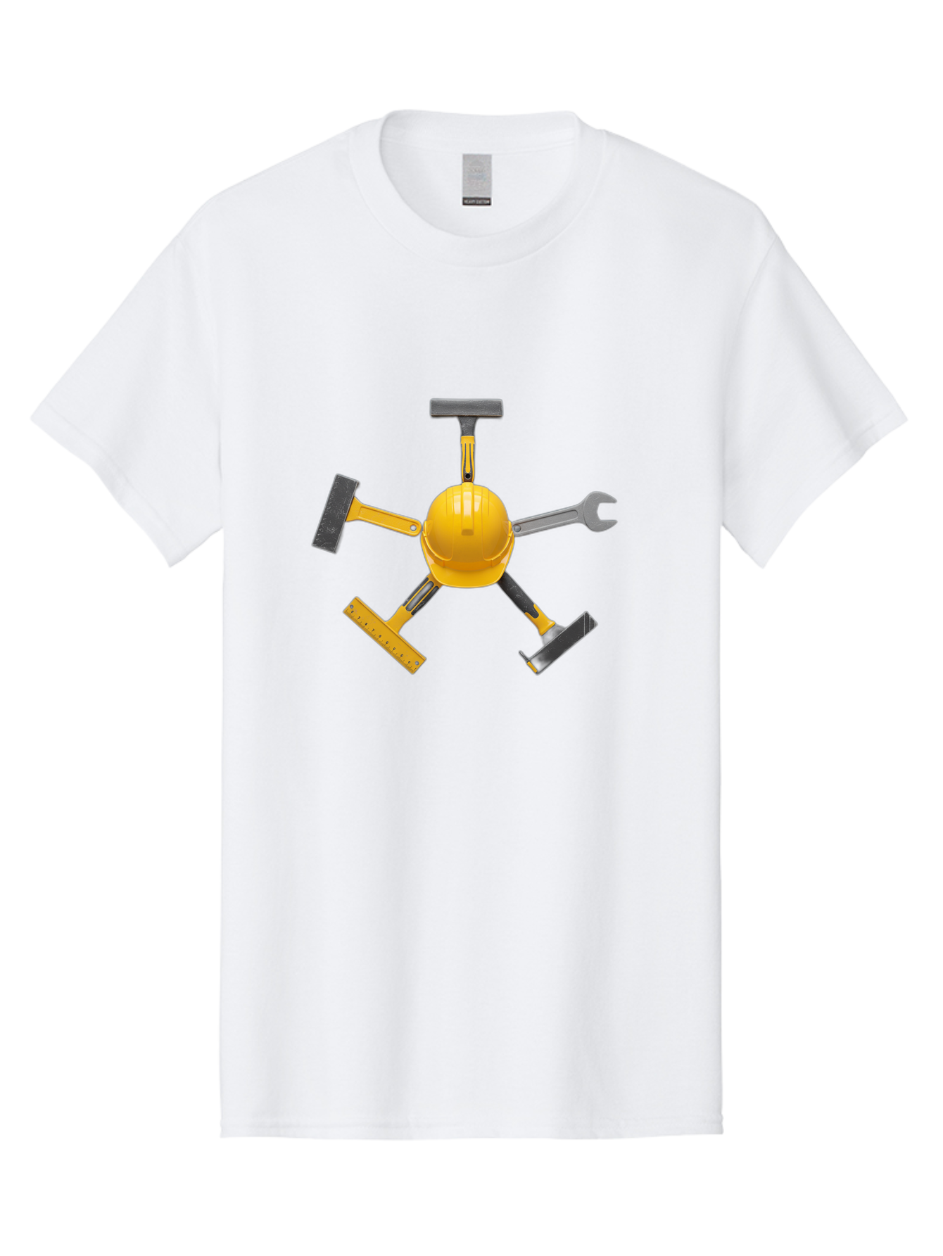 Yellow-Hard-Hat-2 Men'S Graphic Tee, 100% Cotton, Comfortable Casual Summer Wear, Machine Washable, Yellow Hard Hat, Construction Tools Arrangement, Creative Display, Construction Equipment, Squeegee, Putty Knife, Level, Adjustable Wrench, Bad941 13