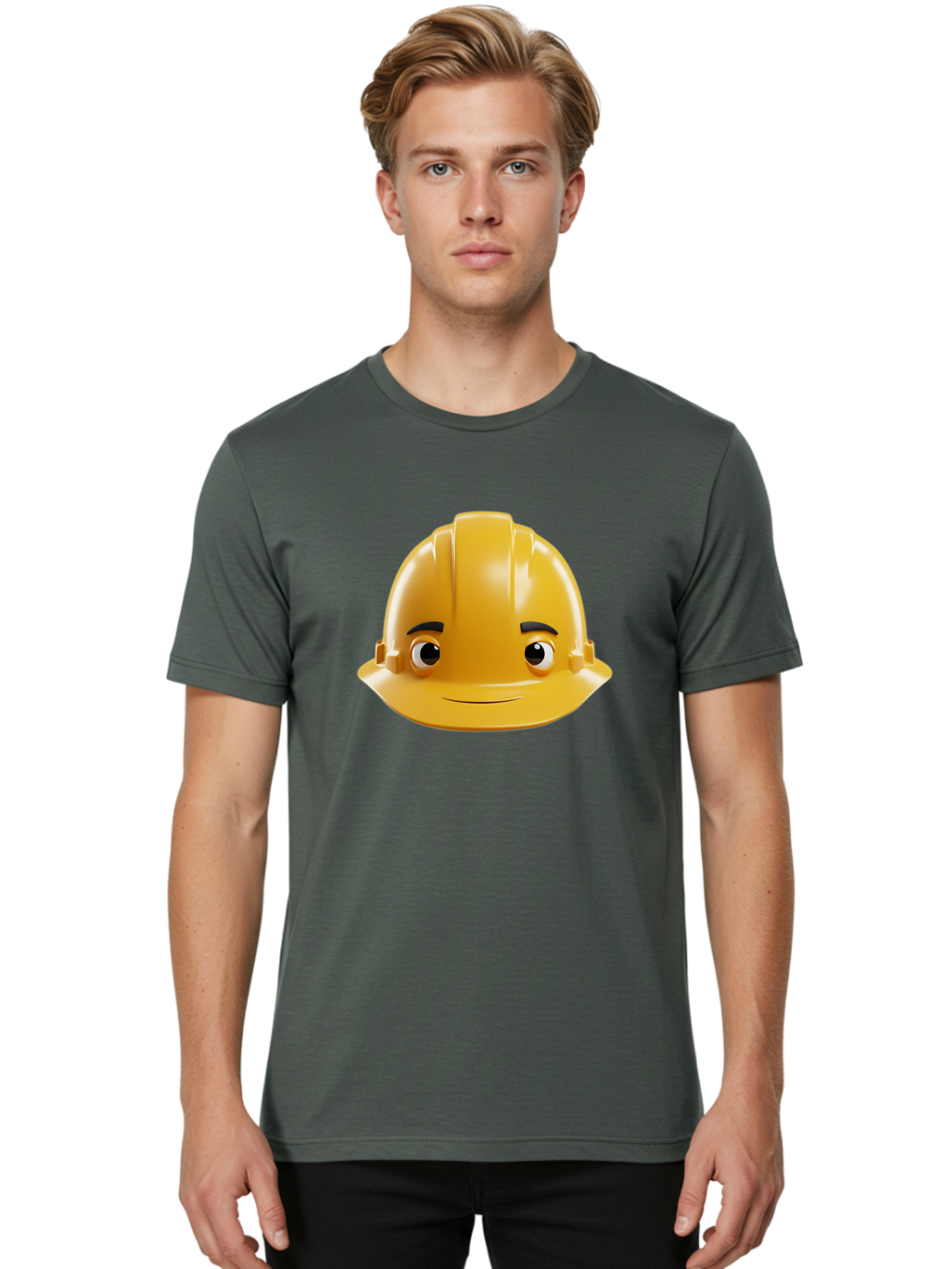 Yellow-Hard-Hat-Emoji Men'S Graphic Tee, 100% Cotton, Comfortable Casual Summer Wear, Machine Washable, Yellow Hard Hat, Cartoon Face, Construction Worker, Safety Helmet, Smiling Character, Yellow Emoji, Workplace Safety, Character Design Bad942 30