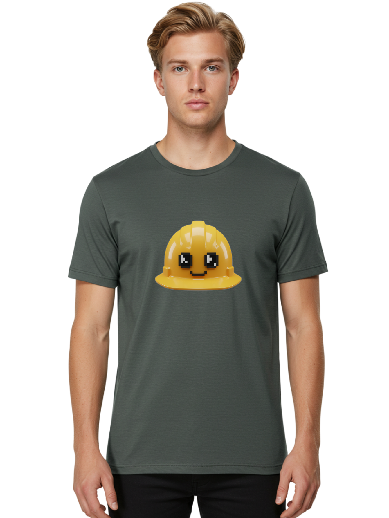 Yellow-Hard-Hat Men'S Graphic Tee, 100% Cotton, Comfortable Casual Summer Wear, Machine Washable, Yellow Hard Hat, Smiling Face, Pixelated Eyes, Construction Worker, Safety Gear, Cartoon Character, Funny Hat Bad943 16
