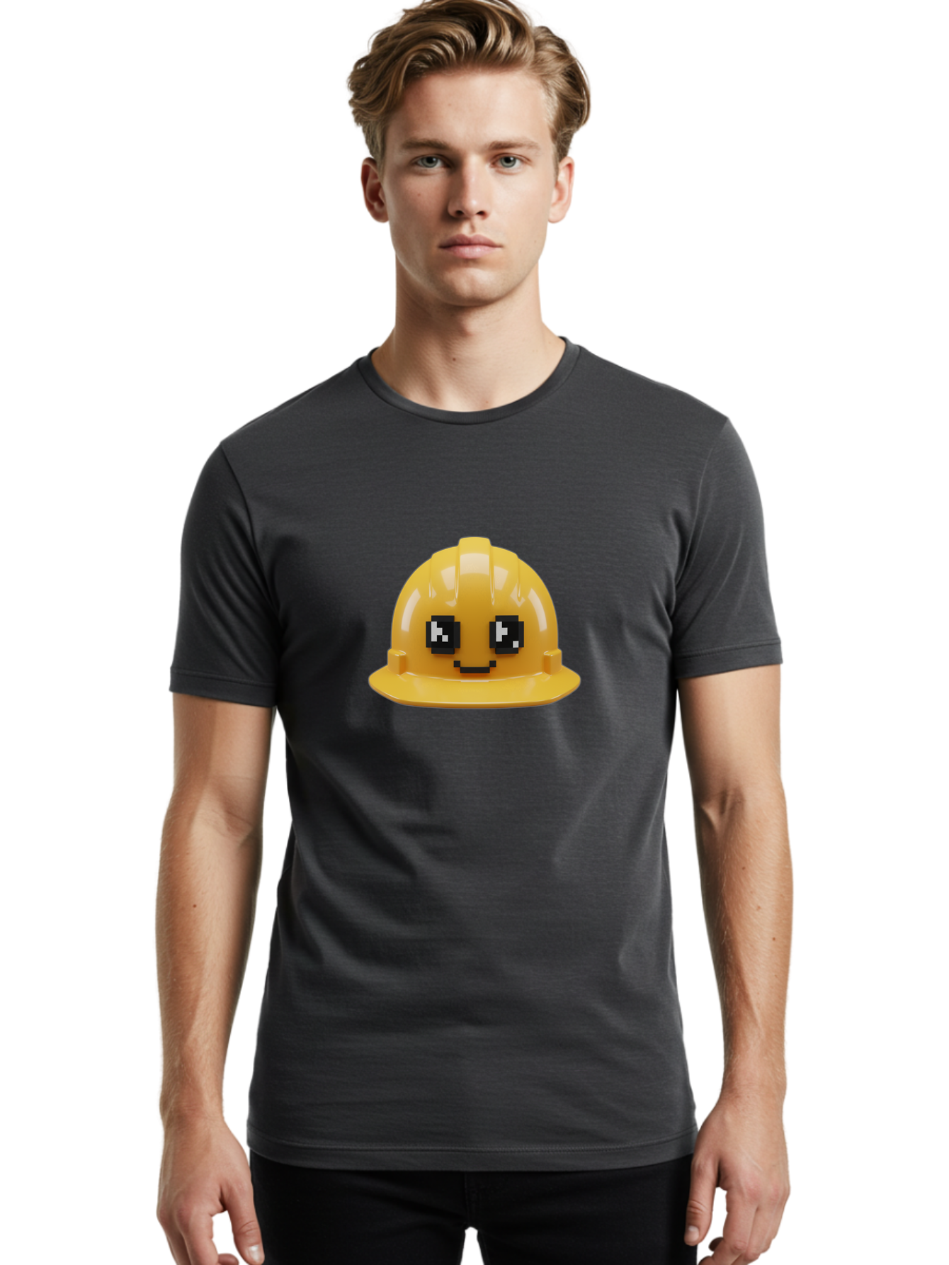 Yellow-Hard-Hat Men'S Graphic Tee, 100% Cotton, Comfortable Casual Summer Wear, Machine Washable, Yellow Hard Hat, Smiling Face, Pixelated Eyes, Construction Worker, Safety Gear, Cartoon Character, Funny Hat Bad943 24