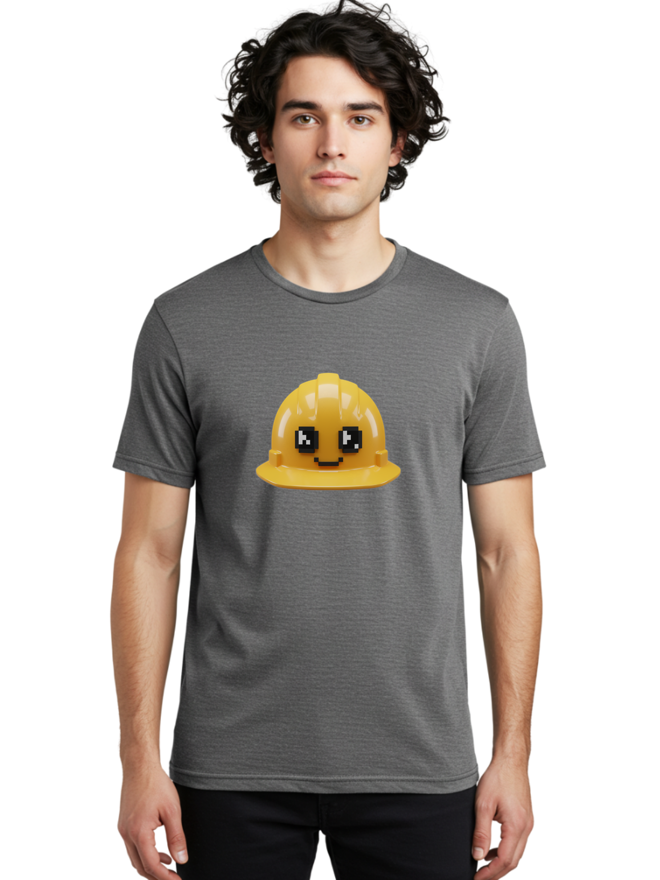 Yellow-Hard-Hat Men'S Graphic Tee, 100% Cotton, Comfortable Casual Summer Wear, Machine Washable, Yellow Hard Hat, Smiling Face, Pixelated Eyes, Construction Worker, Safety Gear, Cartoon Character, Funny Hat Bad943 27