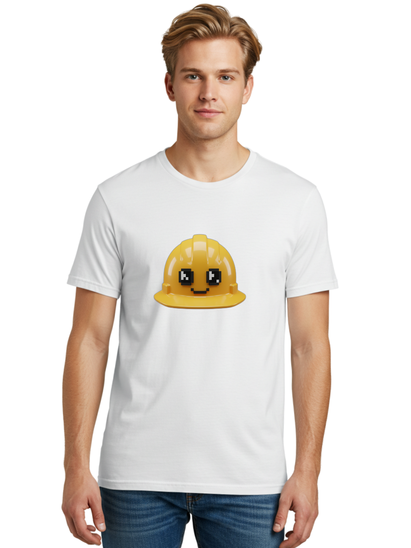 Yellow-Hard-Hat Men'S Graphic Tee, 100% Cotton, Comfortable Casual Summer Wear, Machine Washable, Yellow Hard Hat, Smiling Face, Pixelated Eyes, Construction Worker, Safety Gear, Cartoon Character, Funny Hat Bad943 21