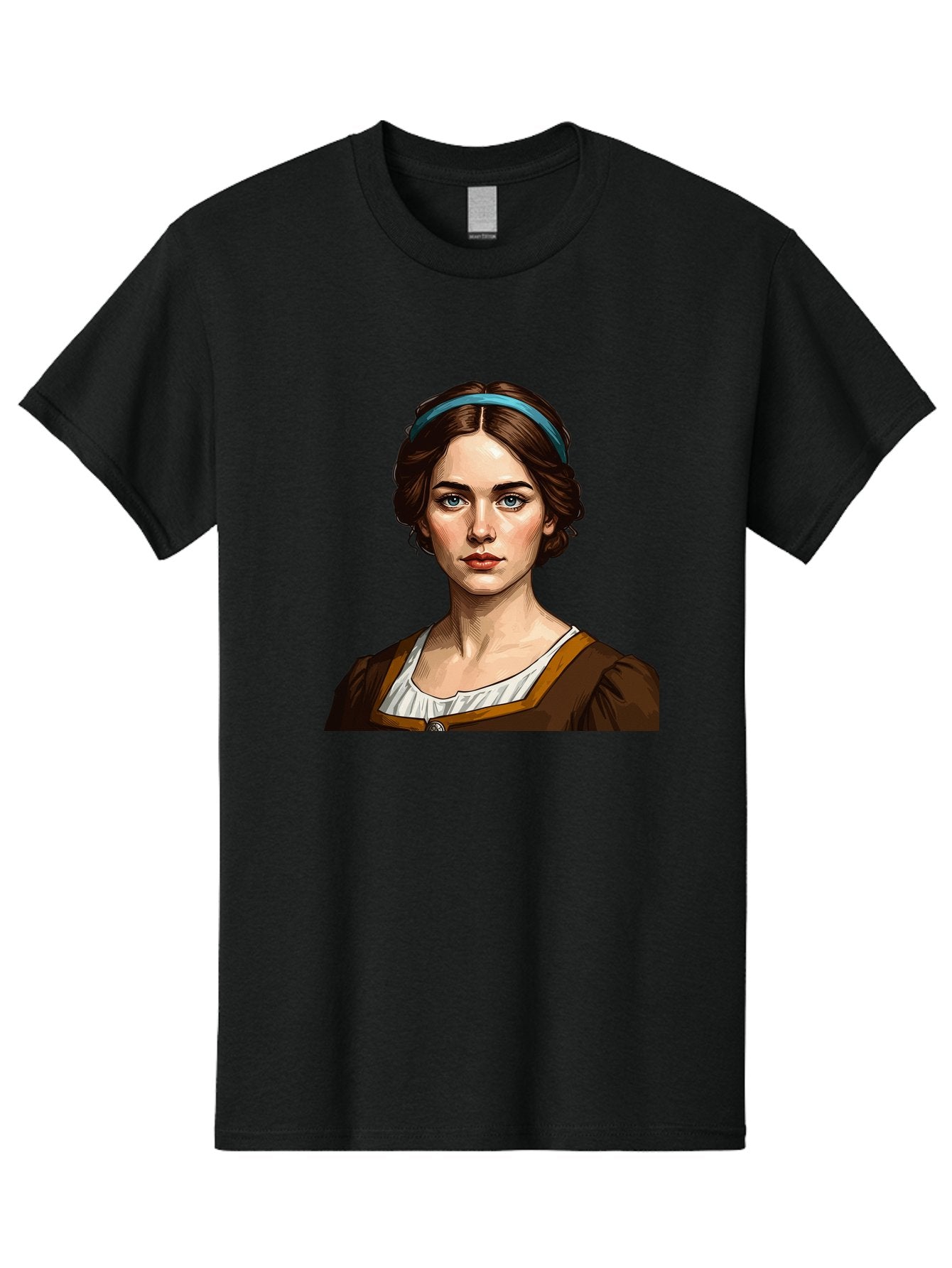 Young-Woman-Portrait-1 Men'S Graphic Tee, 100% Cotton, Comfortable Casual Summer Wear, Machine Washable, Young Woman Portrait, Blue Eyes, Brown Hair, Blue Headband, Brown Dress, White Collar, Renaissance-Inspired Art, Digital Illustration, Bad945 7