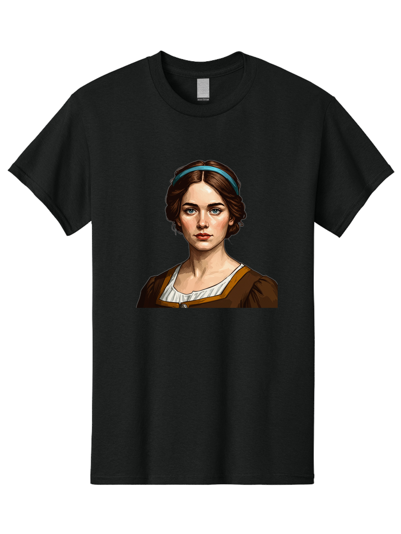 Young-Woman-Portrait-1 Men'S Graphic Tee, 100% Cotton, Comfortable Casual Summer Wear, Machine Washable, Young Woman Portrait, Blue Eyes, Brown Hair, Blue Headband, Brown Dress, White Collar, Renaissance-Inspired Art, Digital Illustration, Bad945 13