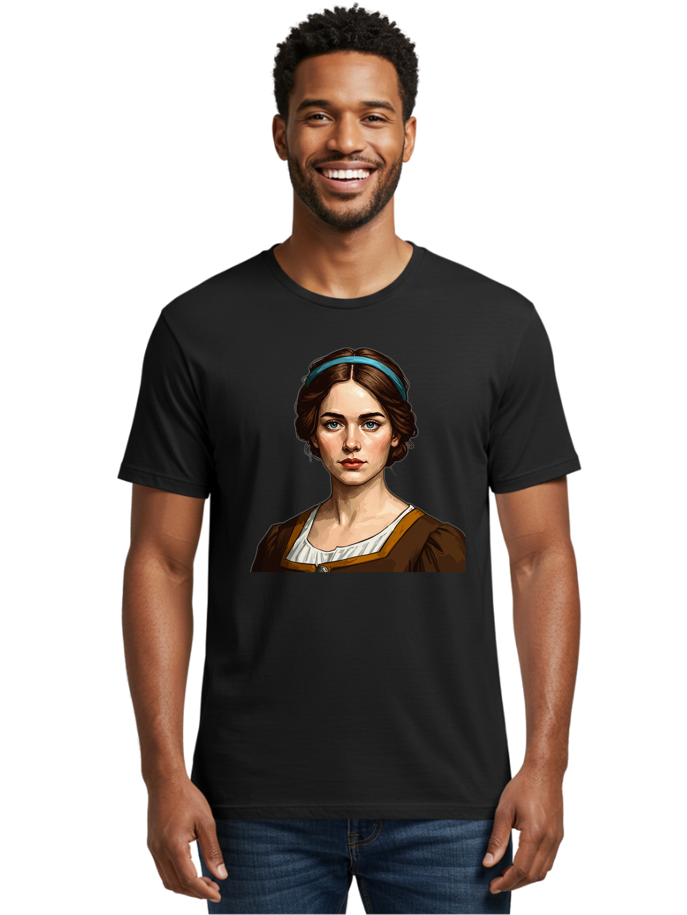 Young-Woman-Portrait-1 Men'S Graphic Tee, 100% Cotton, Comfortable Casual Summer Wear, Machine Washable, Young Woman Portrait, Blue Eyes, Brown Hair, Blue Headband, Brown Dress, White Collar, Renaissance-Inspired Art, Digital Illustration, Bad945 28