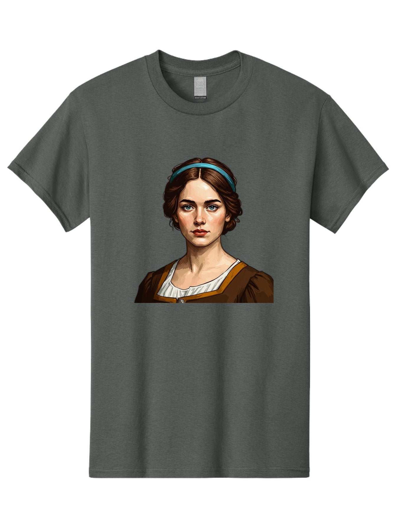 Young-Woman-Portrait-1 Men'S Graphic Tee, 100% Cotton, Comfortable Casual Summer Wear, Machine Washable, Young Woman Portrait, Blue Eyes, Brown Hair, Blue Headband, Brown Dress, White Collar, Renaissance-Inspired Art, Digital Illustration, Bad945 12