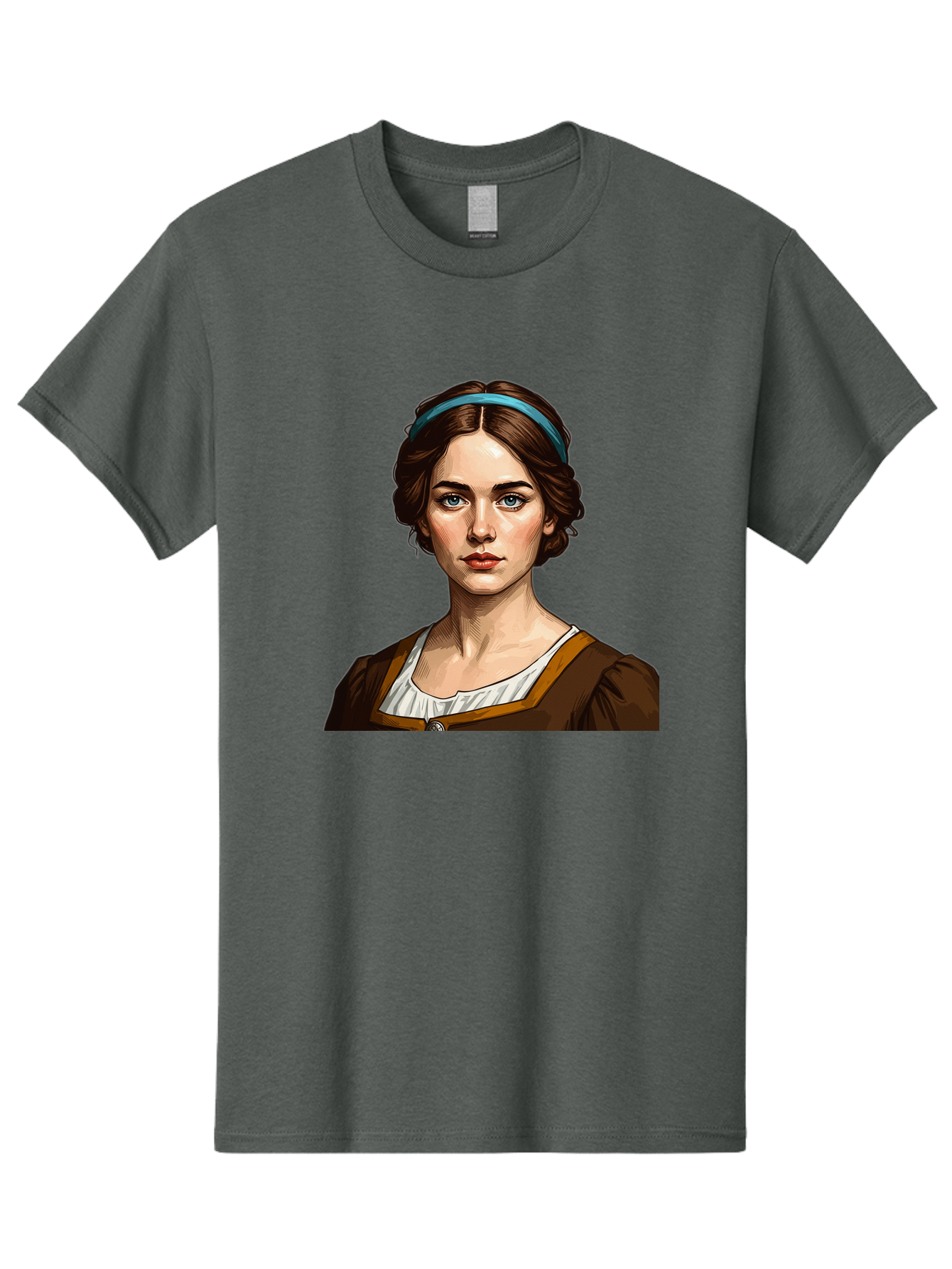 Young-Woman-Portrait-1 Men'S Graphic Tee, 100% Cotton, Comfortable Casual Summer Wear, Machine Washable, Young Woman Portrait, Blue Eyes, Brown Hair, Blue Headband, Brown Dress, White Collar, Renaissance-Inspired Art, Digital Illustration, Bad945 3