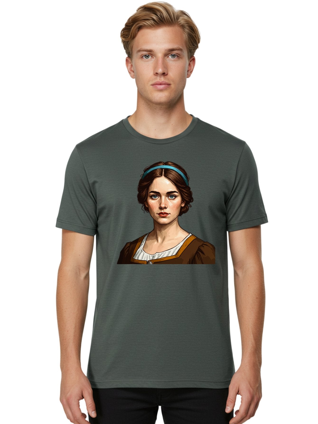 Young-Woman-Portrait-1 Men'S Graphic Tee, 100% Cotton, Comfortable Casual Summer Wear, Machine Washable, Young Woman Portrait, Blue Eyes, Brown Hair, Blue Headband, Brown Dress, White Collar, Renaissance-Inspired Art, Digital Illustration, Bad945 28