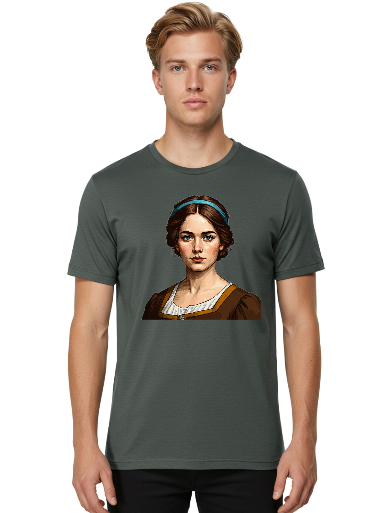 Young-Woman-Portrait-1 Men'S Graphic Tee, 100% Cotton, Comfortable Casual Summer Wear, Machine Washable, Young Woman Portrait, Blue Eyes, Brown Hair, Blue Headband, Brown Dress, White Collar, Renaissance-Inspired Art, Digital Illustration, Bad945 18