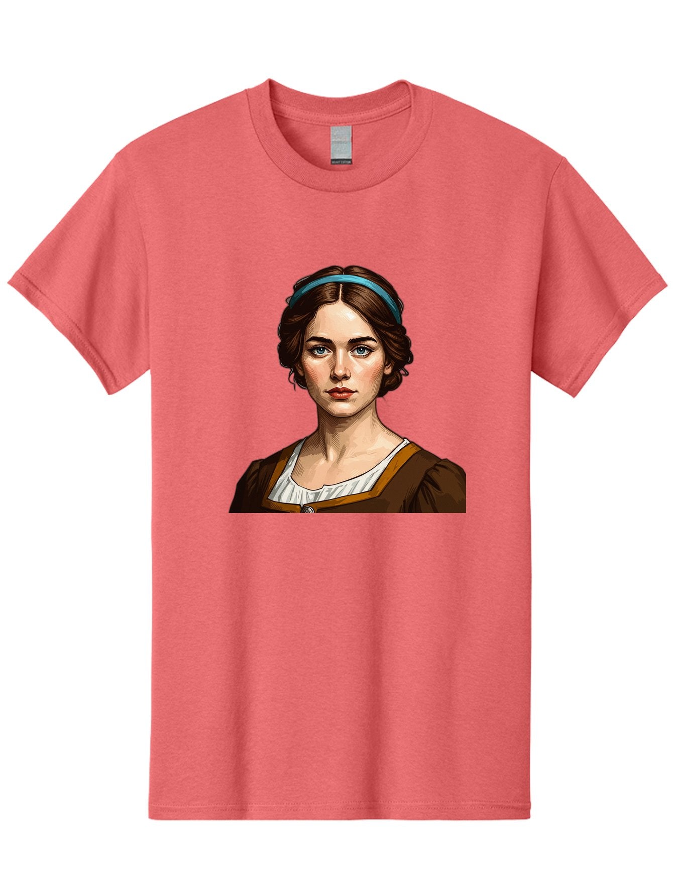 Young-Woman-Portrait-1 Men'S Graphic Tee, 100% Cotton, Comfortable Casual Summer Wear, Machine Washable, Young Woman Portrait, Blue Eyes, Brown Hair, Blue Headband, Brown Dress, White Collar, Renaissance-Inspired Art, Digital Illustration, Bad945 11