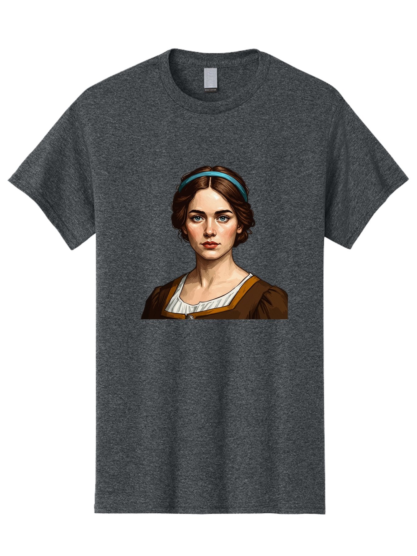 Young-Woman-Portrait-1 Men'S Graphic Tee, 100% Cotton, Comfortable Casual Summer Wear, Machine Washable, Young Woman Portrait, Blue Eyes, Brown Hair, Blue Headband, Brown Dress, White Collar, Renaissance-Inspired Art, Digital Illustration, Bad945 9