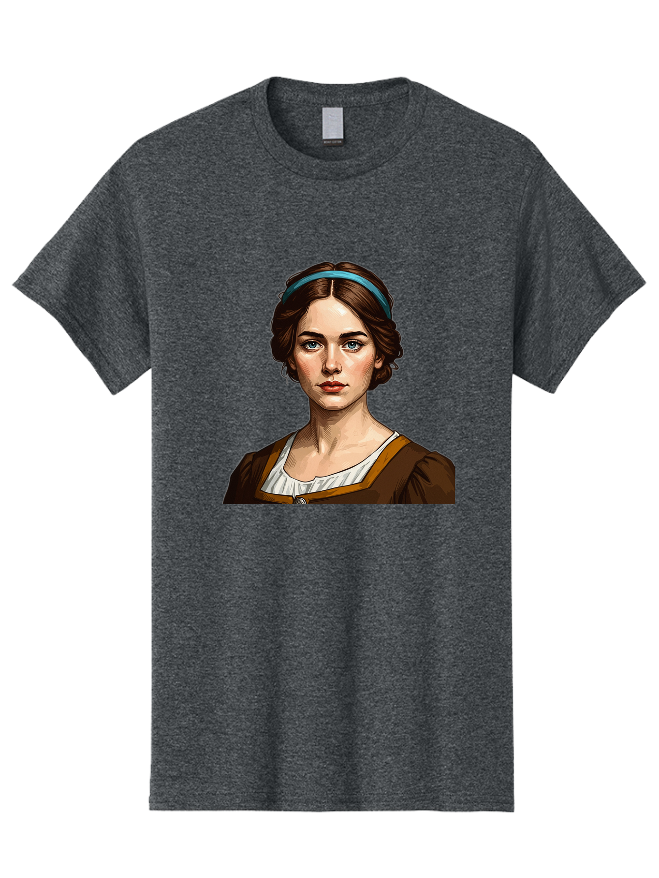 Young-Woman-Portrait-1 Men'S Graphic Tee, 100% Cotton, Comfortable Casual Summer Wear, Machine Washable, Young Woman Portrait, Blue Eyes, Brown Hair, Blue Headband, Brown Dress, White Collar, Renaissance-Inspired Art, Digital Illustration, Bad945 5