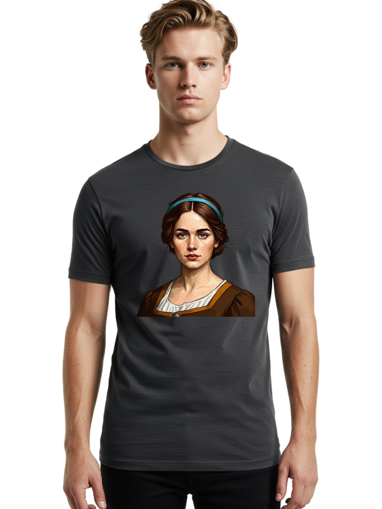 Young-Woman-Portrait-1 Men'S Graphic Tee, 100% Cotton, Comfortable Casual Summer Wear, Machine Washable, Young Woman Portrait, Blue Eyes, Brown Hair, Blue Headband, Brown Dress, White Collar, Renaissance-Inspired Art, Digital Illustration, Bad945 26