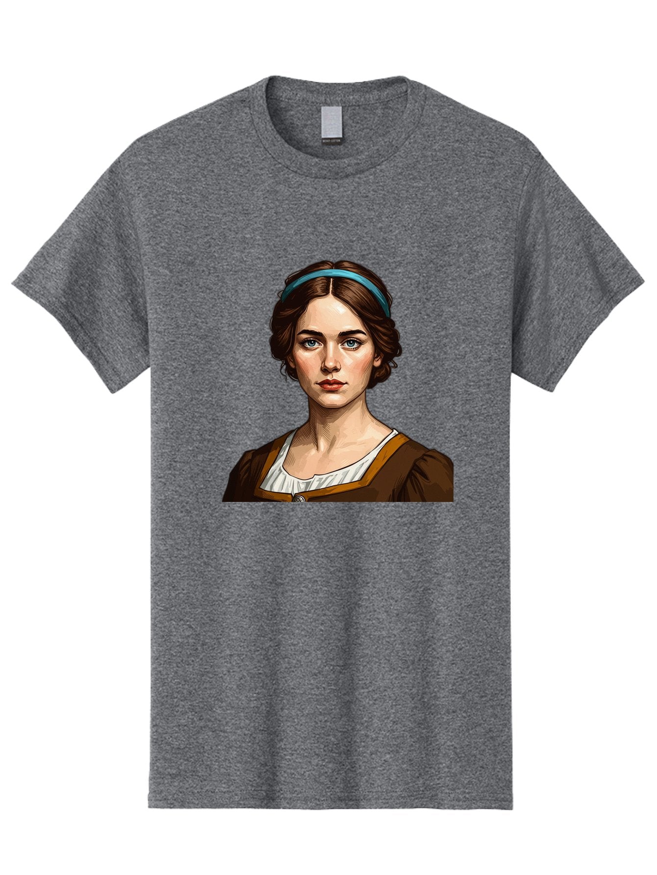Young-Woman-Portrait-1 Men'S Graphic Tee, 100% Cotton, Comfortable Casual Summer Wear, Machine Washable, Young Woman Portrait, Blue Eyes, Brown Hair, Blue Headband, Brown Dress, White Collar, Renaissance-Inspired Art, Digital Illustration, Bad945 3