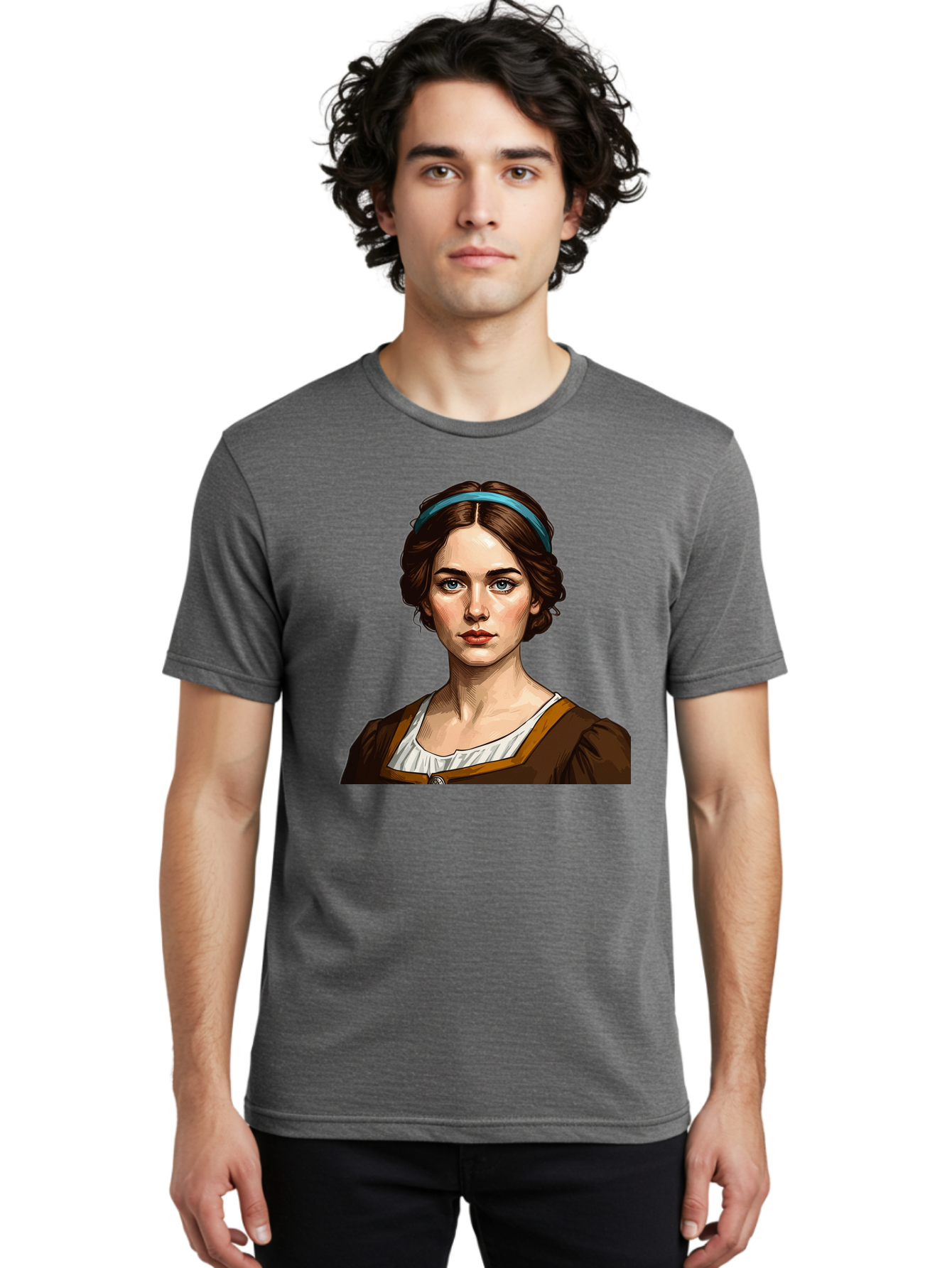 Young-Woman-Portrait-1 Men'S Graphic Tee, 100% Cotton, Comfortable Casual Summer Wear, Machine Washable, Young Woman Portrait, Blue Eyes, Brown Hair, Blue Headband, Brown Dress, White Collar, Renaissance-Inspired Art, Digital Illustration, Bad945 24