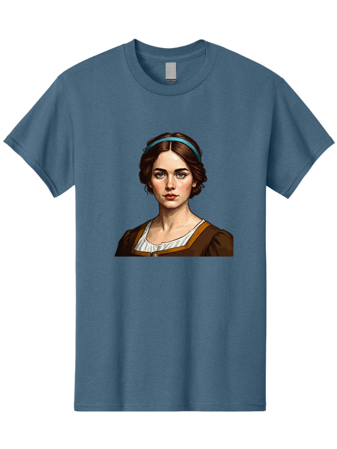 Young-Woman-Portrait-1 Men'S Graphic Tee, 100% Cotton, Comfortable Casual Summer Wear, Machine Washable, Young Woman Portrait, Blue Eyes, Brown Hair, Blue Headband, Brown Dress, White Collar, Renaissance-Inspired Art, Digital Illustration, Bad945 10