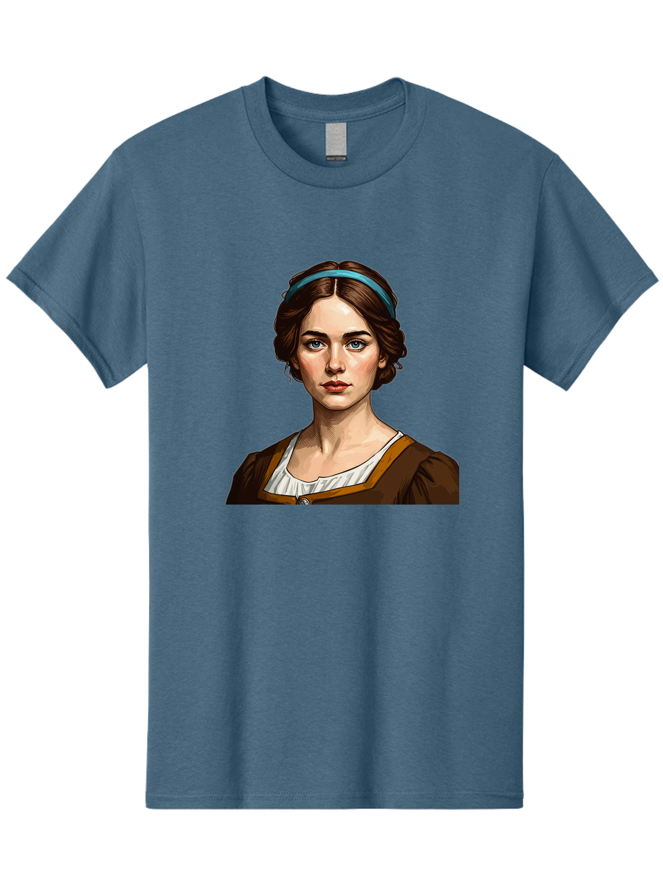 Young-Woman-Portrait-1 Men'S Graphic Tee, 100% Cotton, Comfortable Casual Summer Wear, Machine Washable, Young Woman Portrait, Blue Eyes, Brown Hair, Blue Headband, Brown Dress, White Collar, Renaissance-Inspired Art, Digital Illustration, Bad945 14