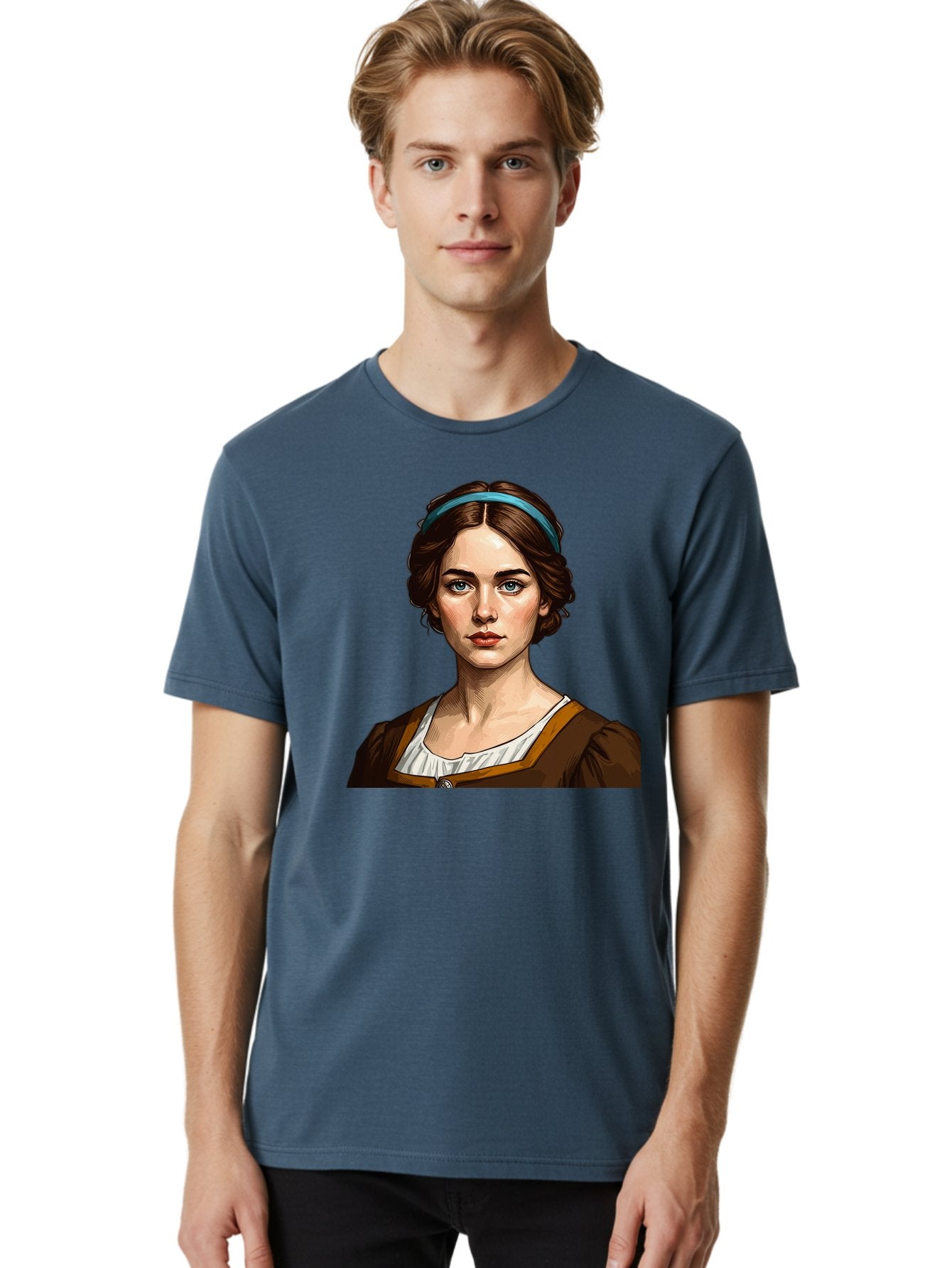 Young-Woman-Portrait-1 Men'S Graphic Tee, 100% Cotton, Comfortable Casual Summer Wear, Machine Washable, Young Woman Portrait, Blue Eyes, Brown Hair, Blue Headband, Brown Dress, White Collar, Renaissance-Inspired Art, Digital Illustration, Bad945 17
