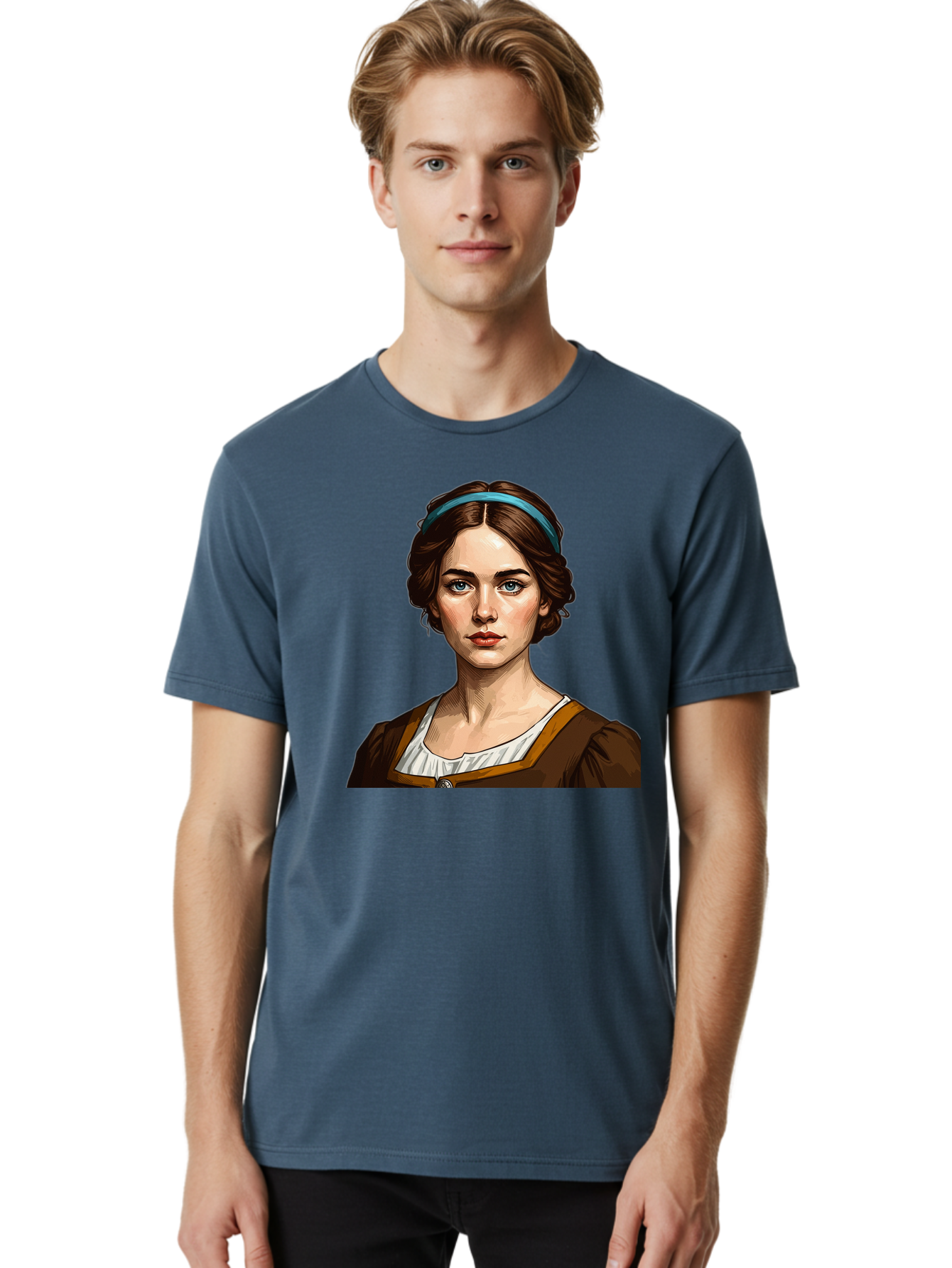 Young-Woman-Portrait-1 Men'S Graphic Tee, 100% Cotton, Comfortable Casual Summer Wear, Machine Washable, Young Woman Portrait, Blue Eyes, Brown Hair, Blue Headband, Brown Dress, White Collar, Renaissance-Inspired Art, Digital Illustration, Bad945 29