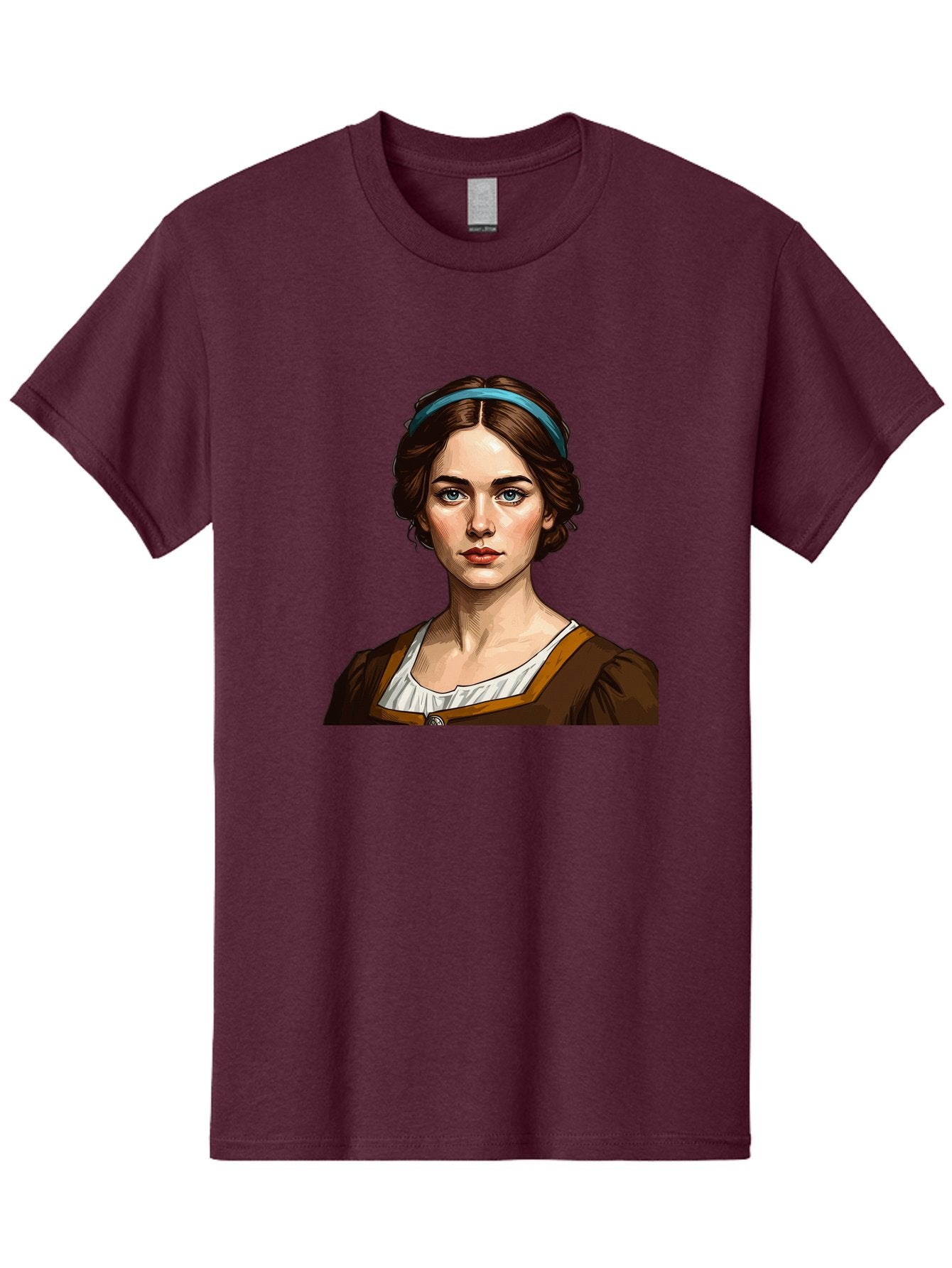 Young-Woman-Portrait-1 Men'S Graphic Tee, 100% Cotton, Comfortable Casual Summer Wear, Machine Washable, Young Woman Portrait, Blue Eyes, Brown Hair, Blue Headband, Brown Dress, White Collar, Renaissance-Inspired Art, Digital Illustration, Bad945 13